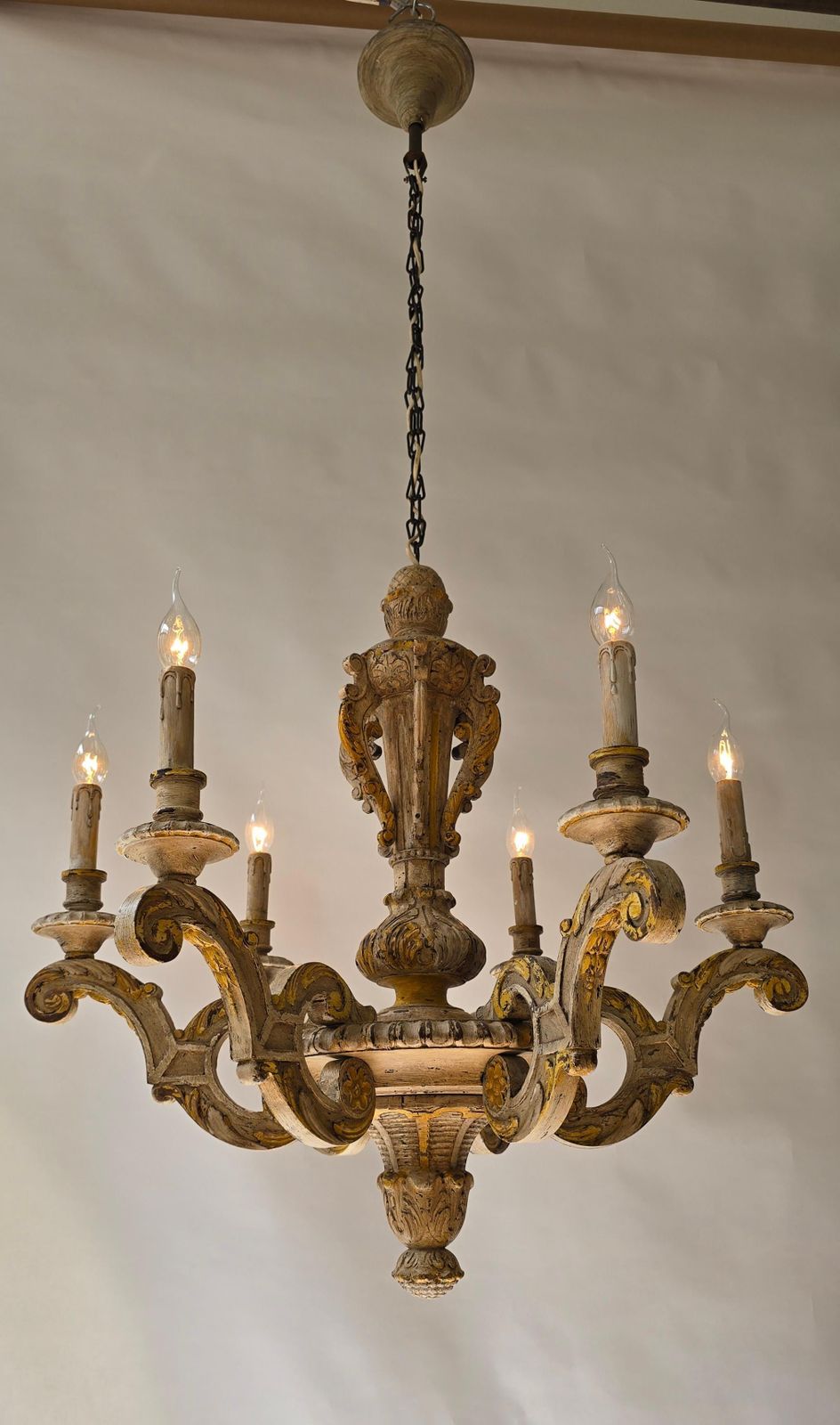 Large Antique Italian Baroque Chandelier In Carved Wood, Rustic Wabi Sabi Patin photo 5917.0