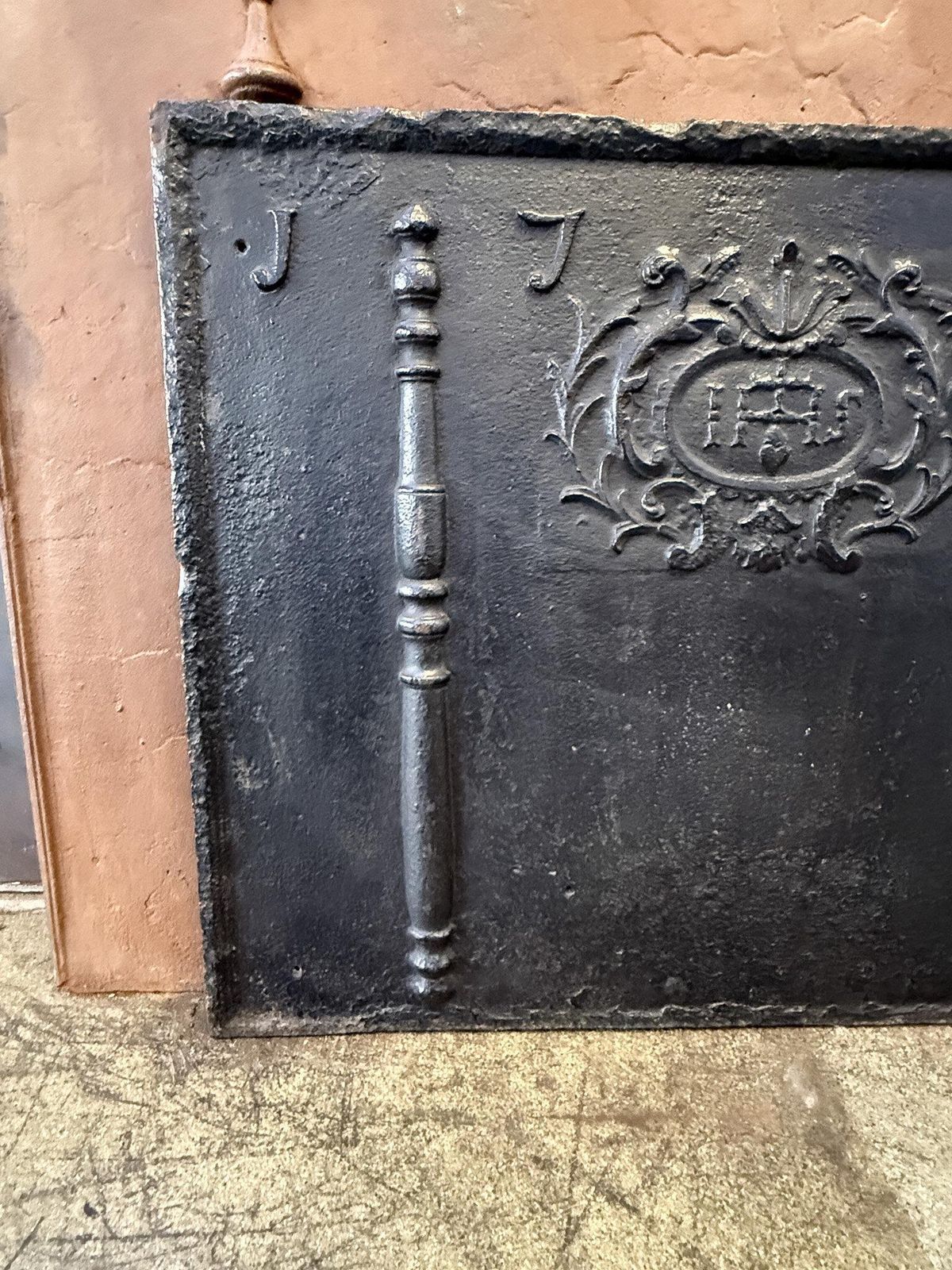 18th Century French Fireback / Backsplash 'Pillars With Medieval Ihs Monogram' photo vintage