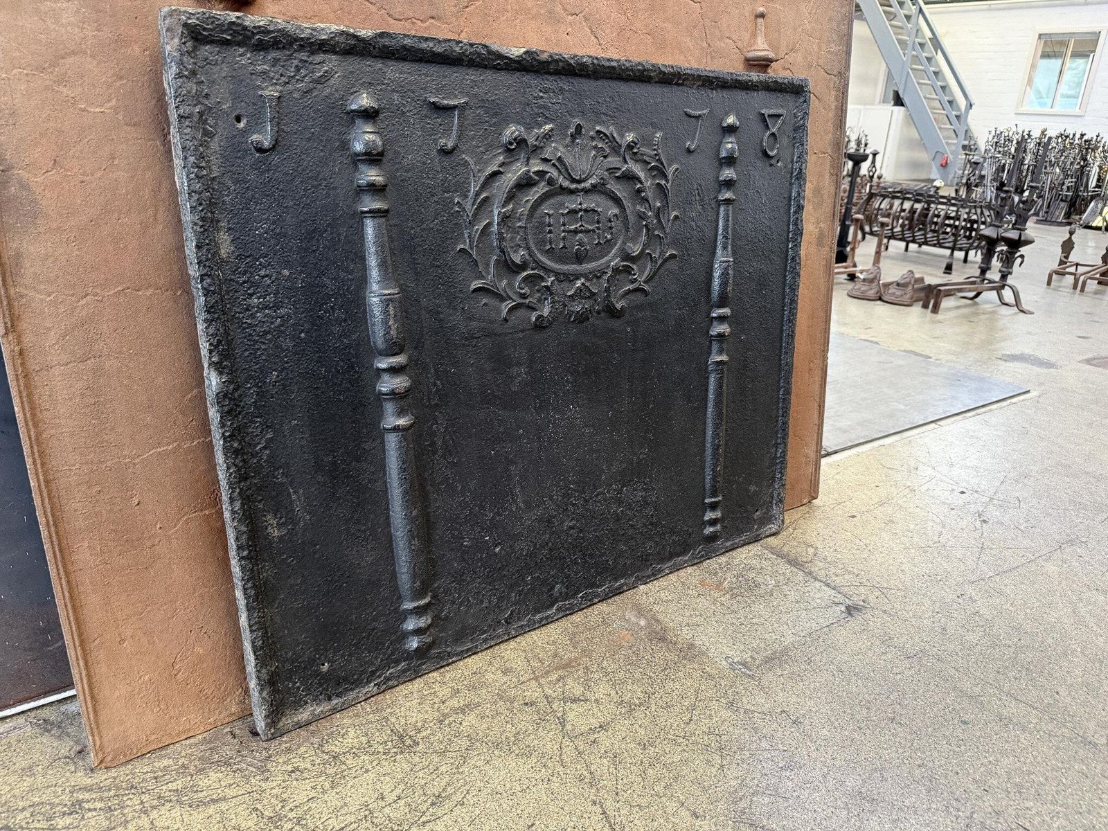 photo furniture 18th Century French Fireback / Backsplash 'Pillars With Medieval Ihs Monogram'