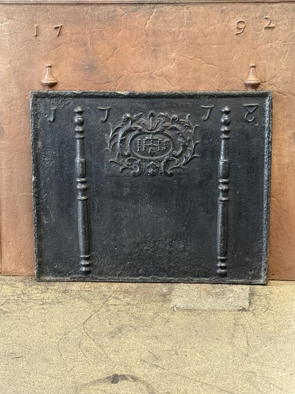 photo for sale 18th Century French Fireback / Backsplash 'Pillars With Medieval Ihs Monogram'