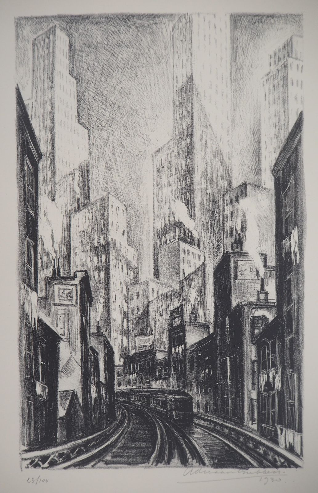Adriaan Lubbersnew York City, The El At Chatham Square   Original Lithograph, Handsigned / 1001930 photo vintage