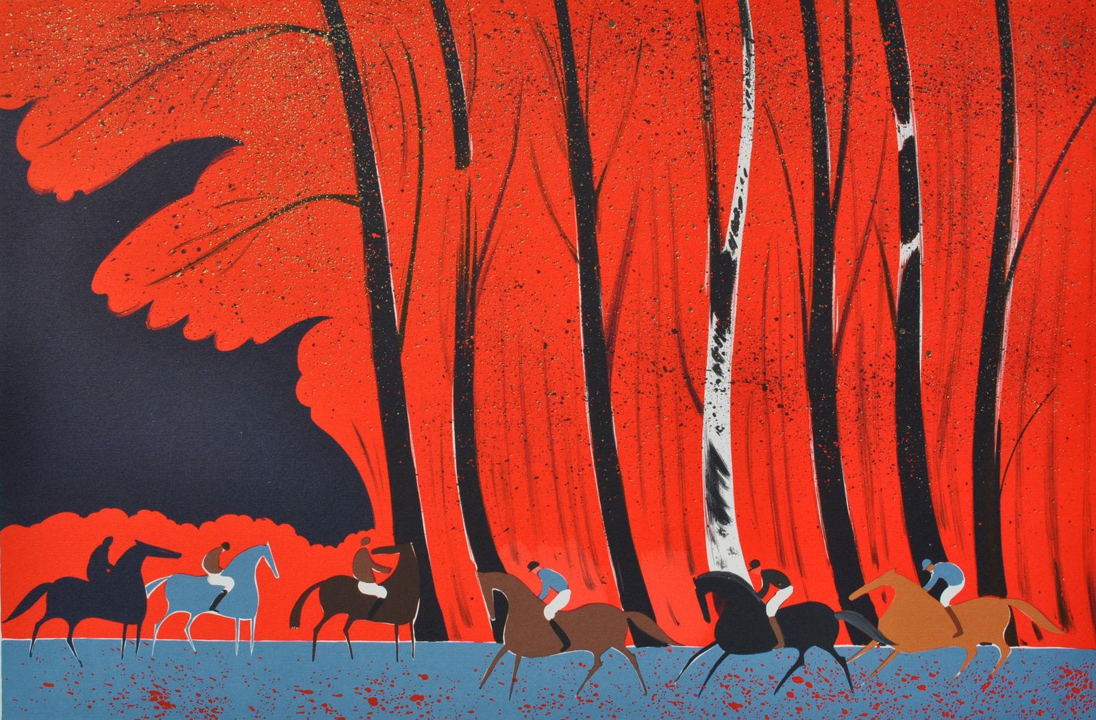Serge Lassushorses : Riders And Flaming Forest   Original Lithograph, Handsigned & Ltd /2501982 photo for sale