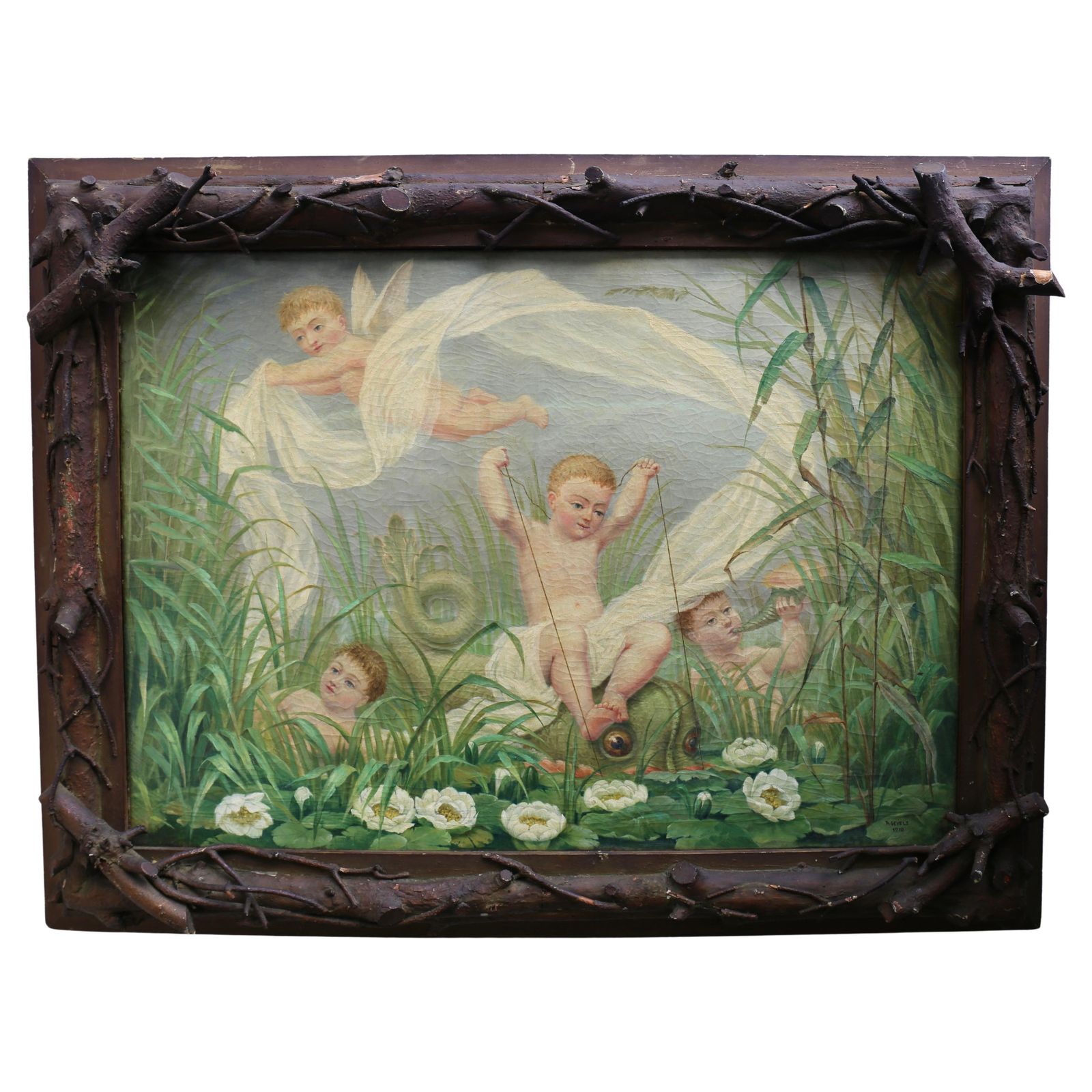 Putti Painting By A. Gevels In An Original Sculptural Nature Frame, Belgium photo furniture