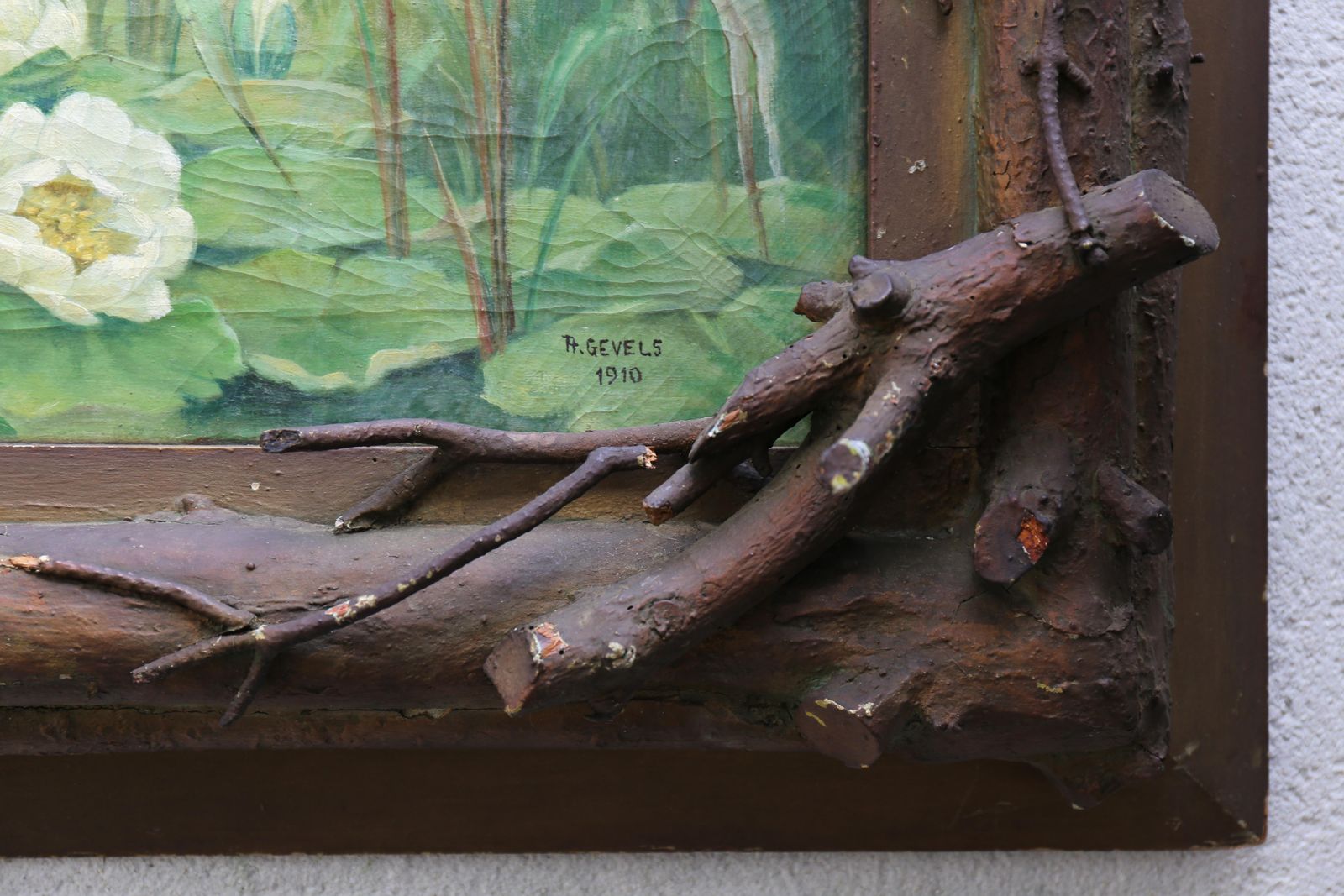 Art Putti Painting By A. Gevels In An Original Sculptural Nature Frame, Belgium photo