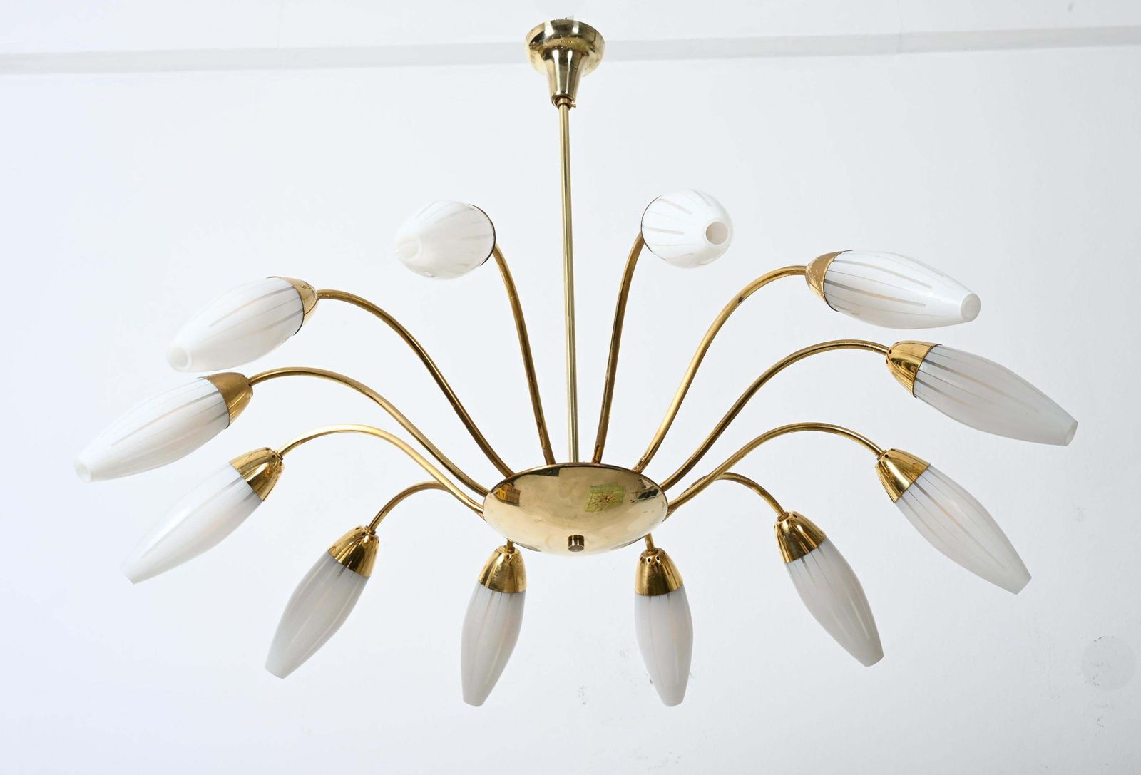 Large Rare Midcentury Brass Opaline Glass Chandelier By Rupert Nikoll photo Lighting
