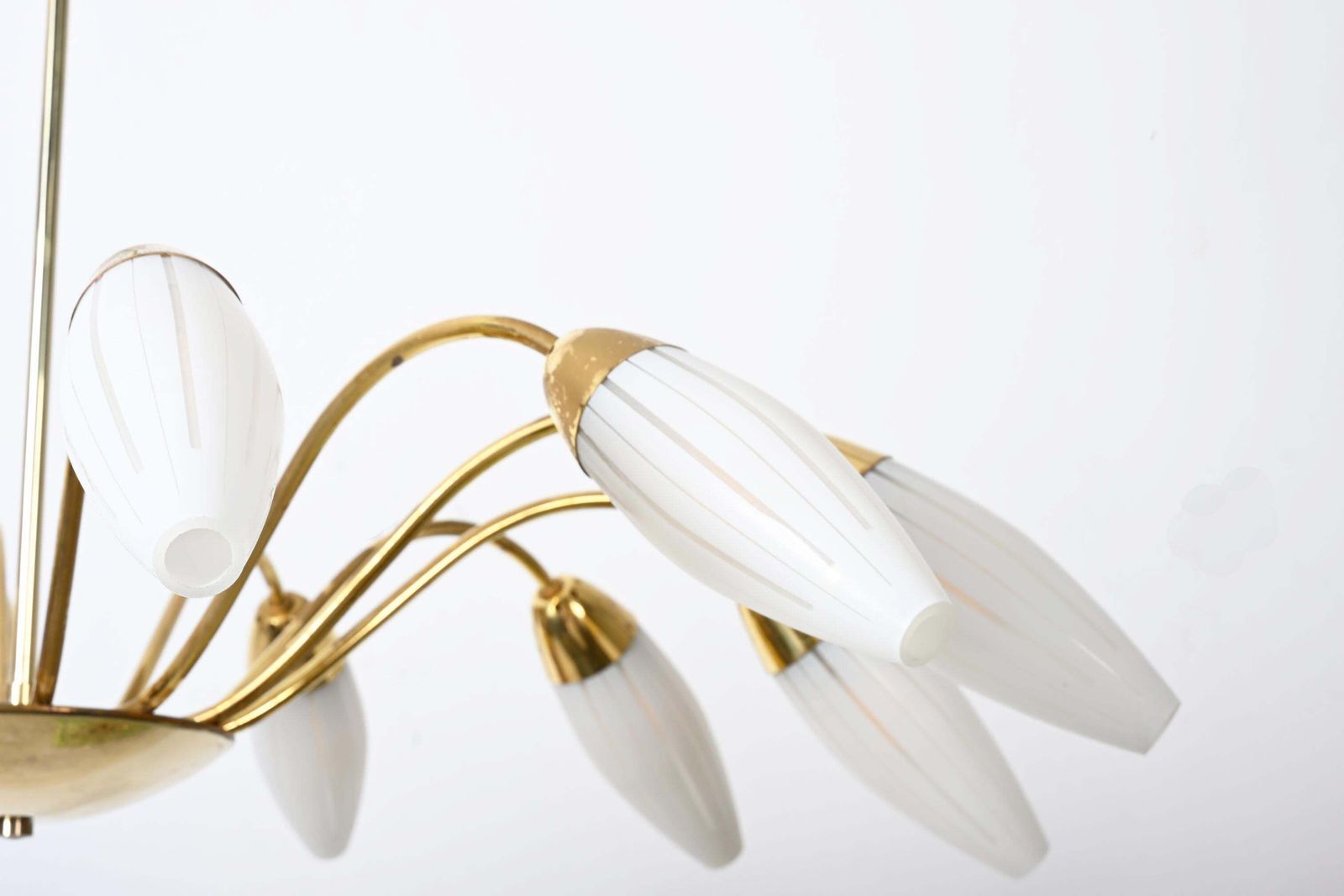 photo for sale Large Rare Midcentury Brass Opaline Glass Chandelier By Rupert Nikoll