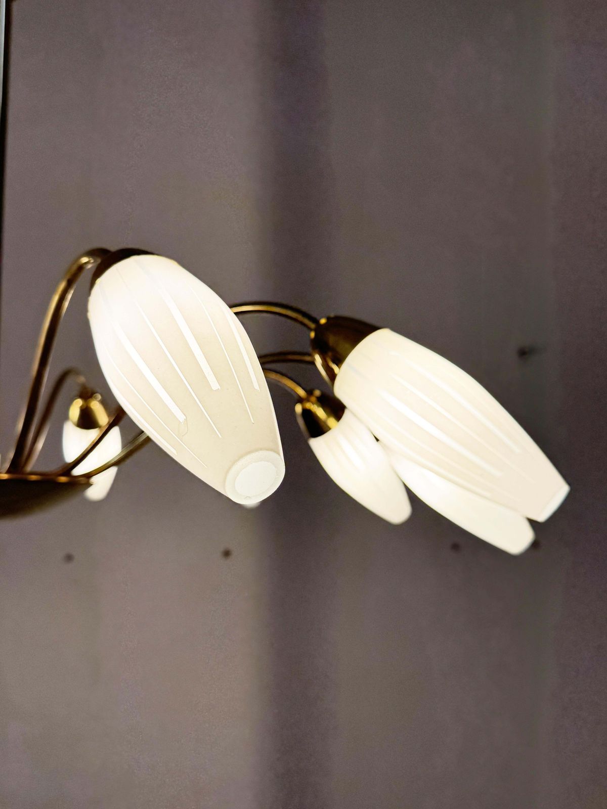 Lighting Large Rare Midcentury Brass Opaline Glass Chandelier By Rupert Nikoll photo