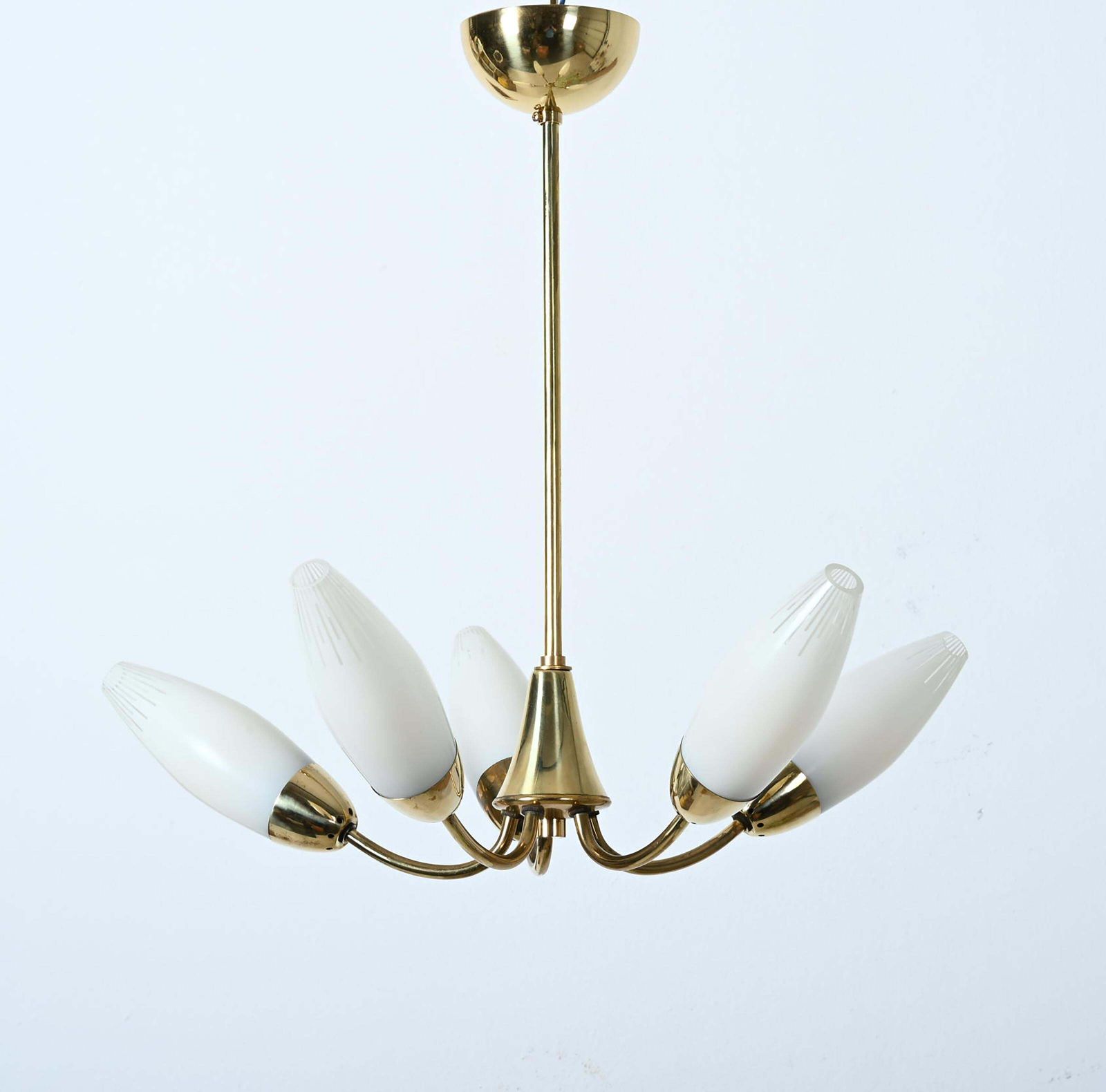 Midcentury Brass Opaline Glass Chandelier By Rupert Nikoll photo for sale