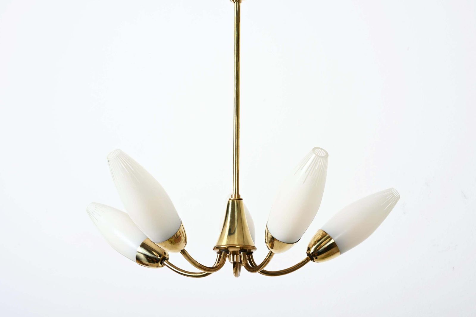 Midcentury Brass Opaline Glass Chandelier By Rupert Nikoll photo Lighting