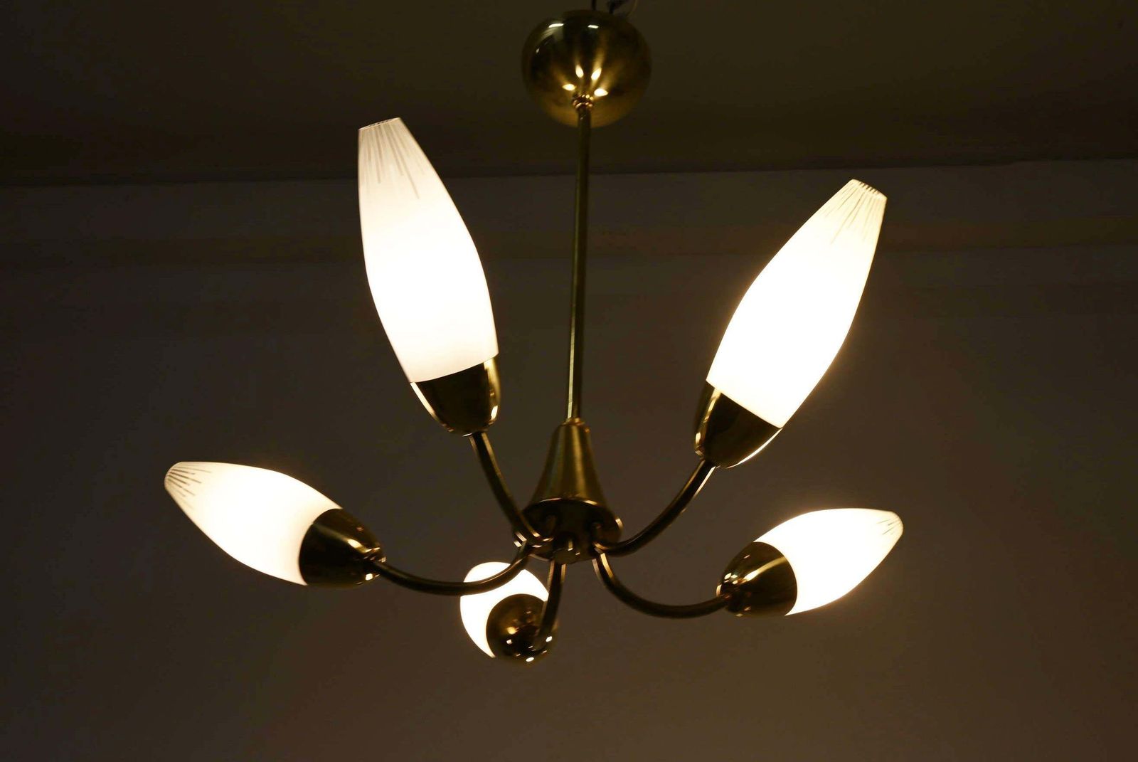 photo buy Midcentury Brass Opaline Glass Chandelier By Rupert Nikoll
