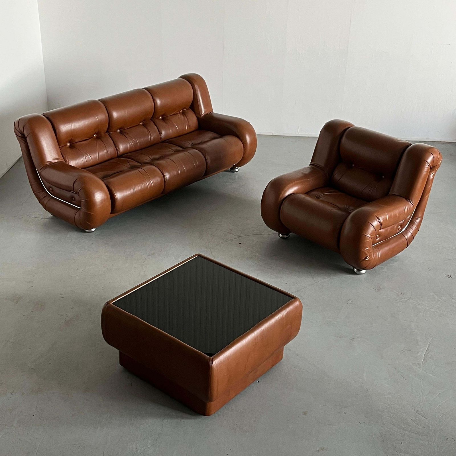 Italian Space Age Living Room Set In Cognac Leather And Chrome, 1970s Italy photo furniture