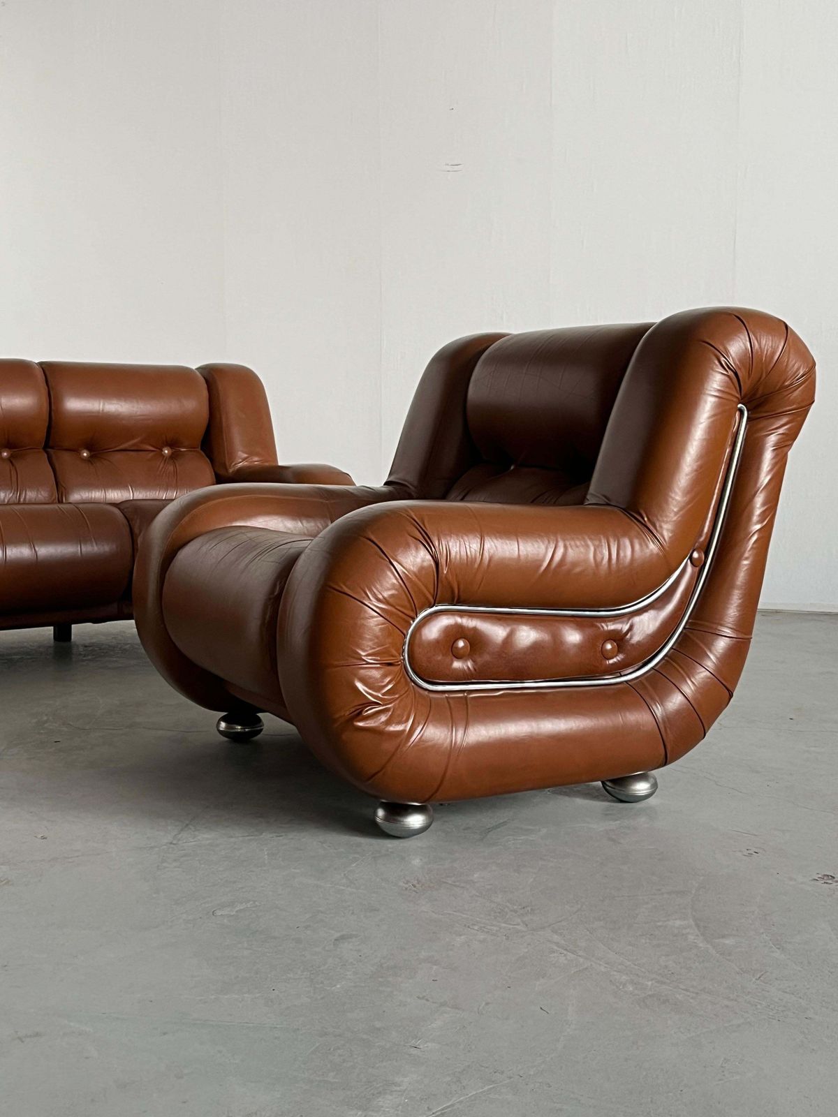 Italian Space Age Living Room Set In Cognac Leather And Chrome, 1970s Italy photo Furniture
