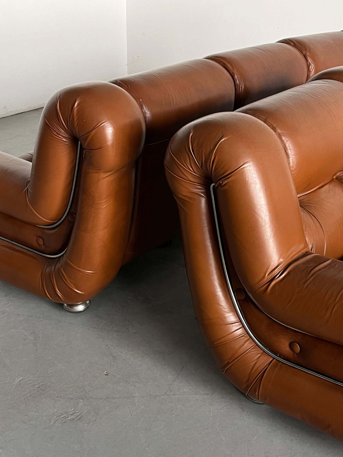 Italian Space Age Living Room Set In Cognac Leather And Chrome, 1970s Italy photo vinterior