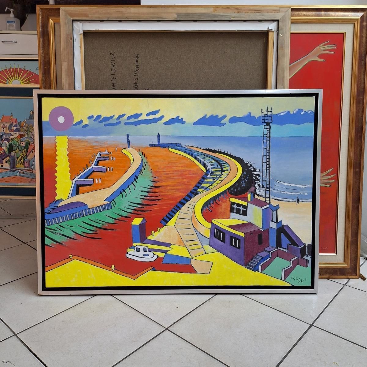 Czeslaw Tumielewiczharbor In Kołobrzeg   Landscape Acrylic Painting, Colorful, Polish Art2018 photo vintage