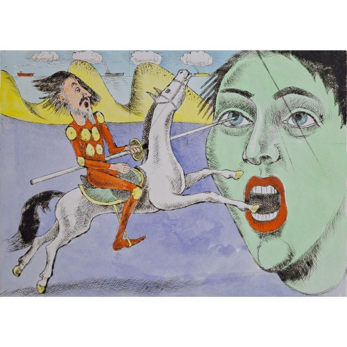 Czeslaw Tumielewiczdon Quixote And Apparition   Figurative Drypoint Print, Colorful, Polish Art2007 photo for sale
