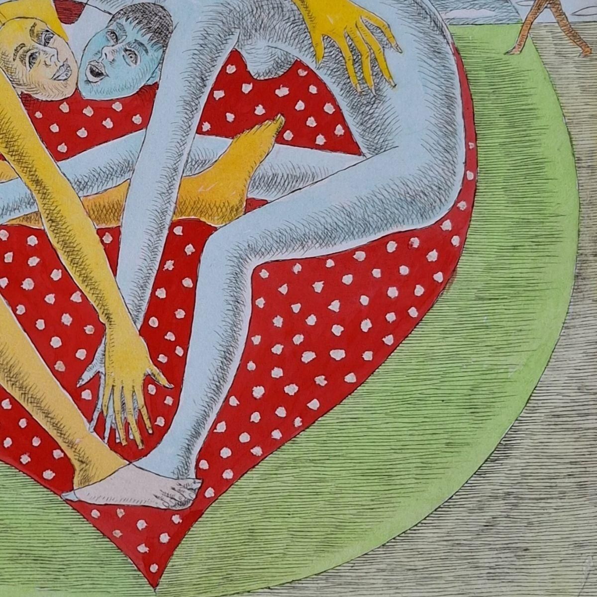 Czeslaw Tumielewiczgreat Cordiality   Figurative Drypoint Print, Colorful, Polish Art2015 photo vinterior