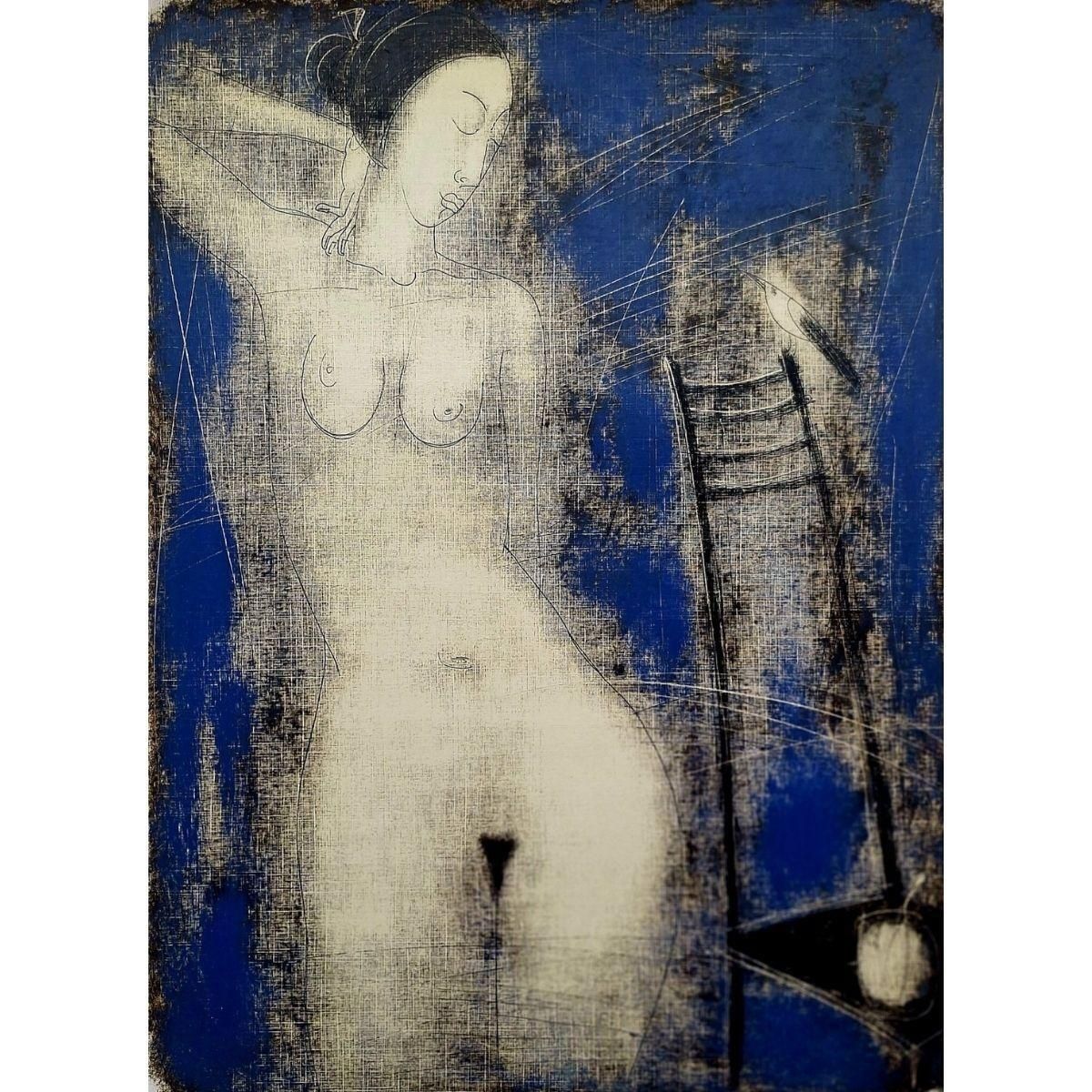 Siergiej Timochownude With A Bird. Contemporary Figurative Monotype Print, European Artist2004 photo for sale