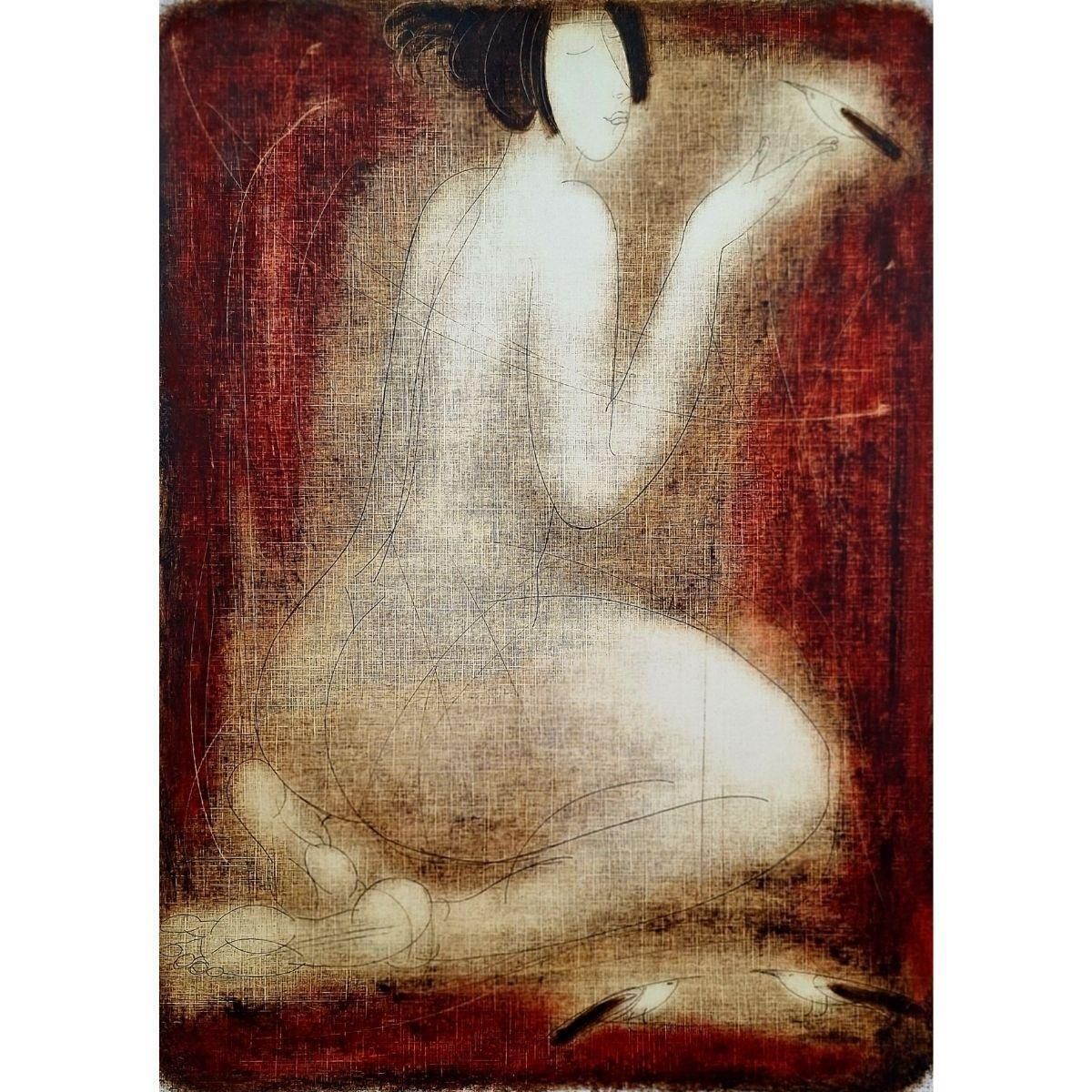 Siergiej Timochownude With A Bird. Contemporary Figurative Monotype Print, European Artist2005 photo for sale