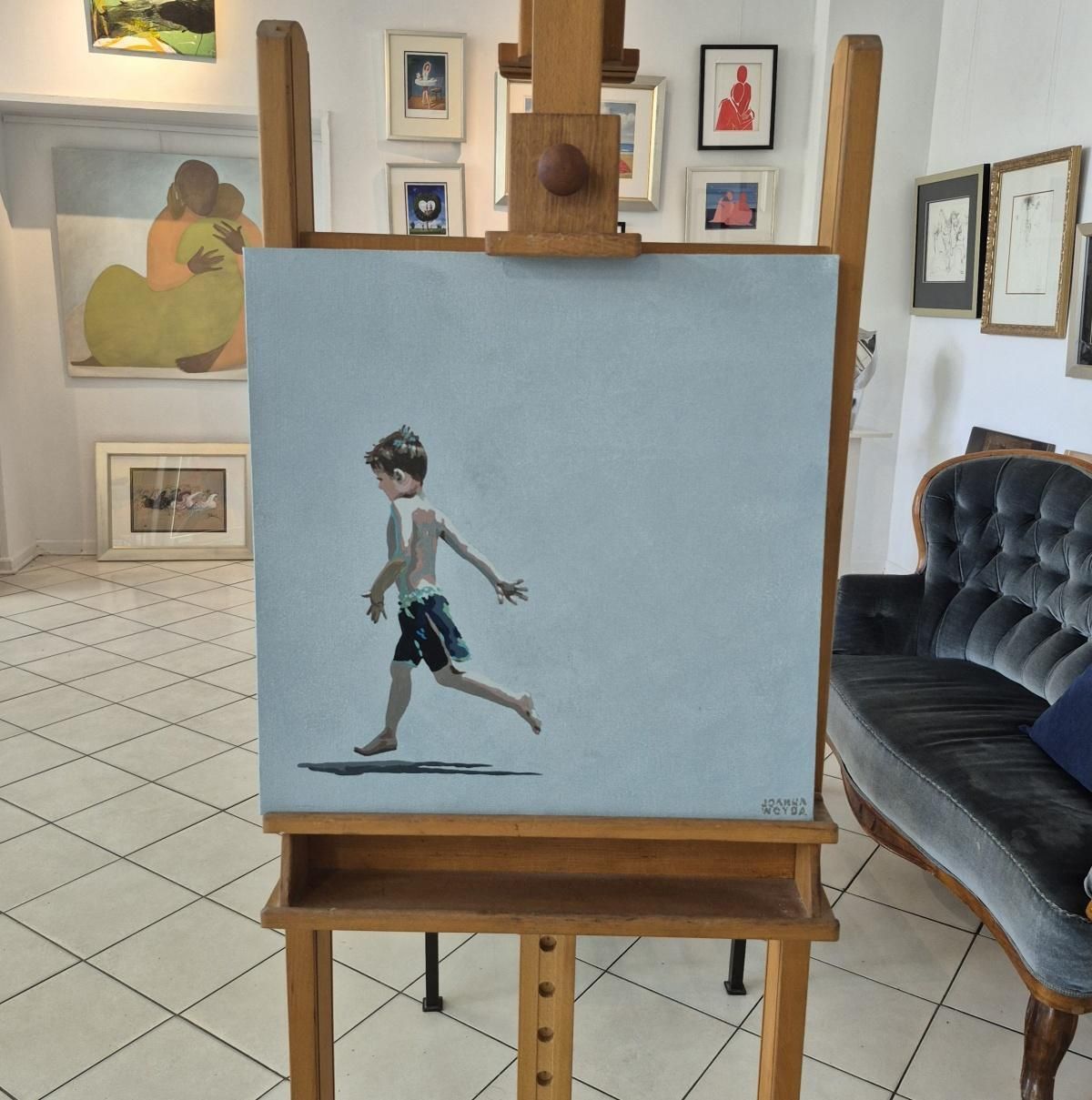 Joanna Woydaon The Run. Figurative Acrylic Painting, Minimalism, Pop Art, Polish Art2025 photo furniture