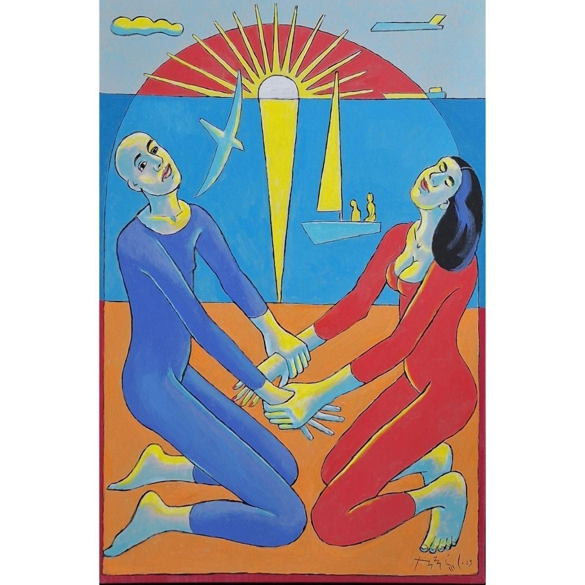 Czeslaw Tumielewiczat Sunset   Figurative Acrylic Painting, Colorful, Polish Art2025 photo for sale