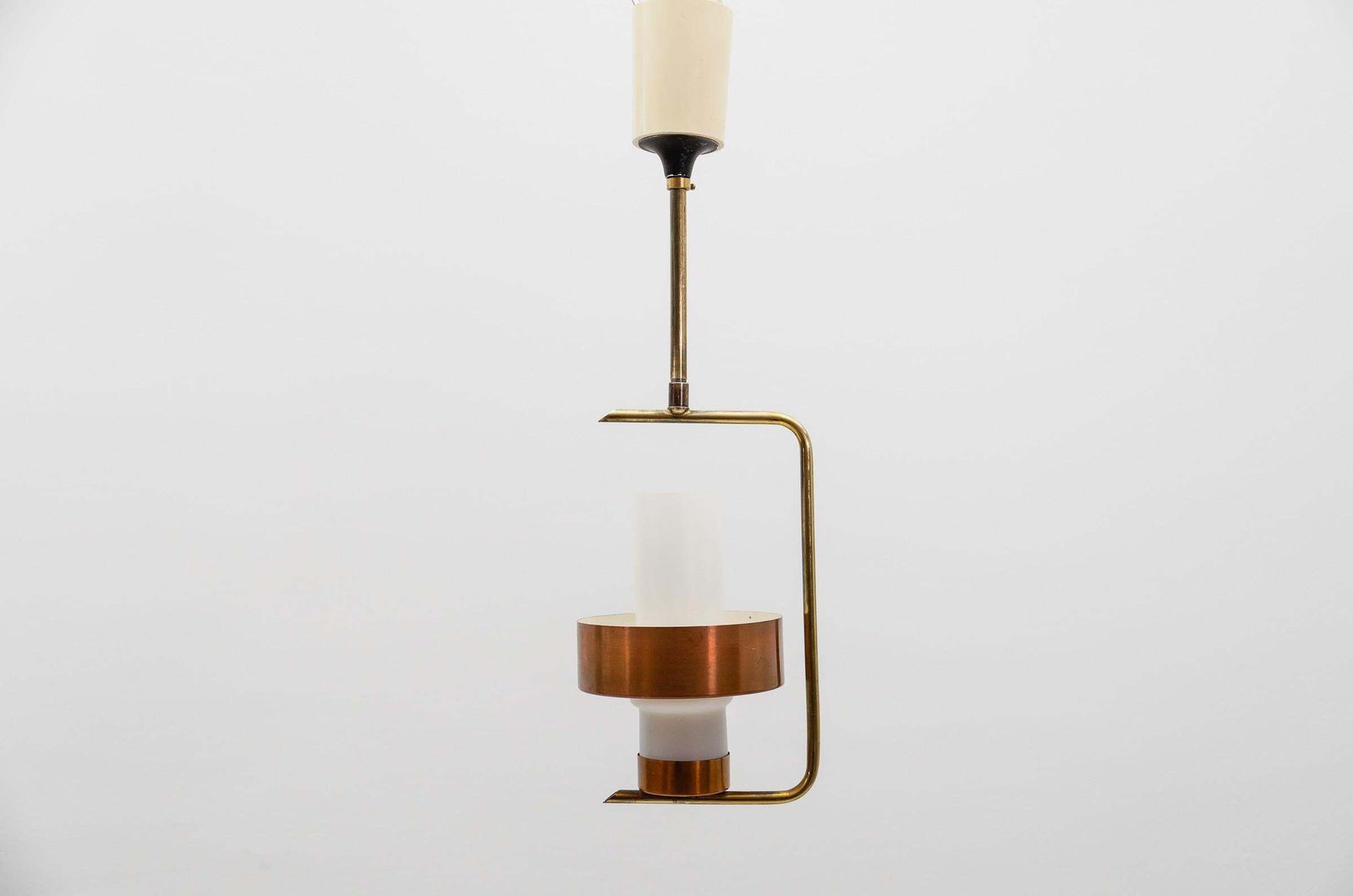Scandinavian Mid Century Modern Ceiling Lamp In Copper, Braas & Opaline Glass photo furniture