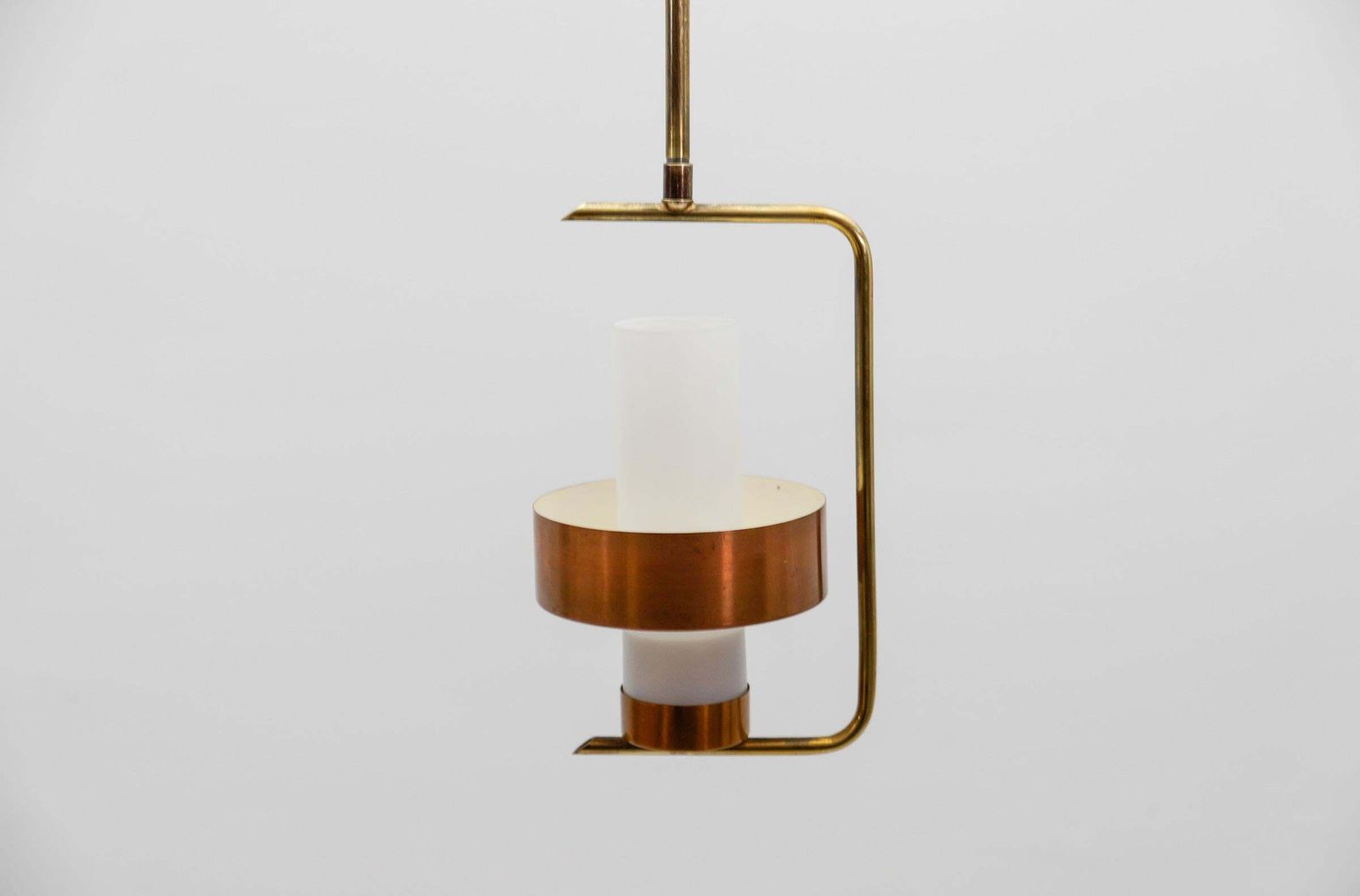 Scandinavian Mid Century Modern Ceiling Lamp In Copper, Braas & Opaline Glass photo vinterior