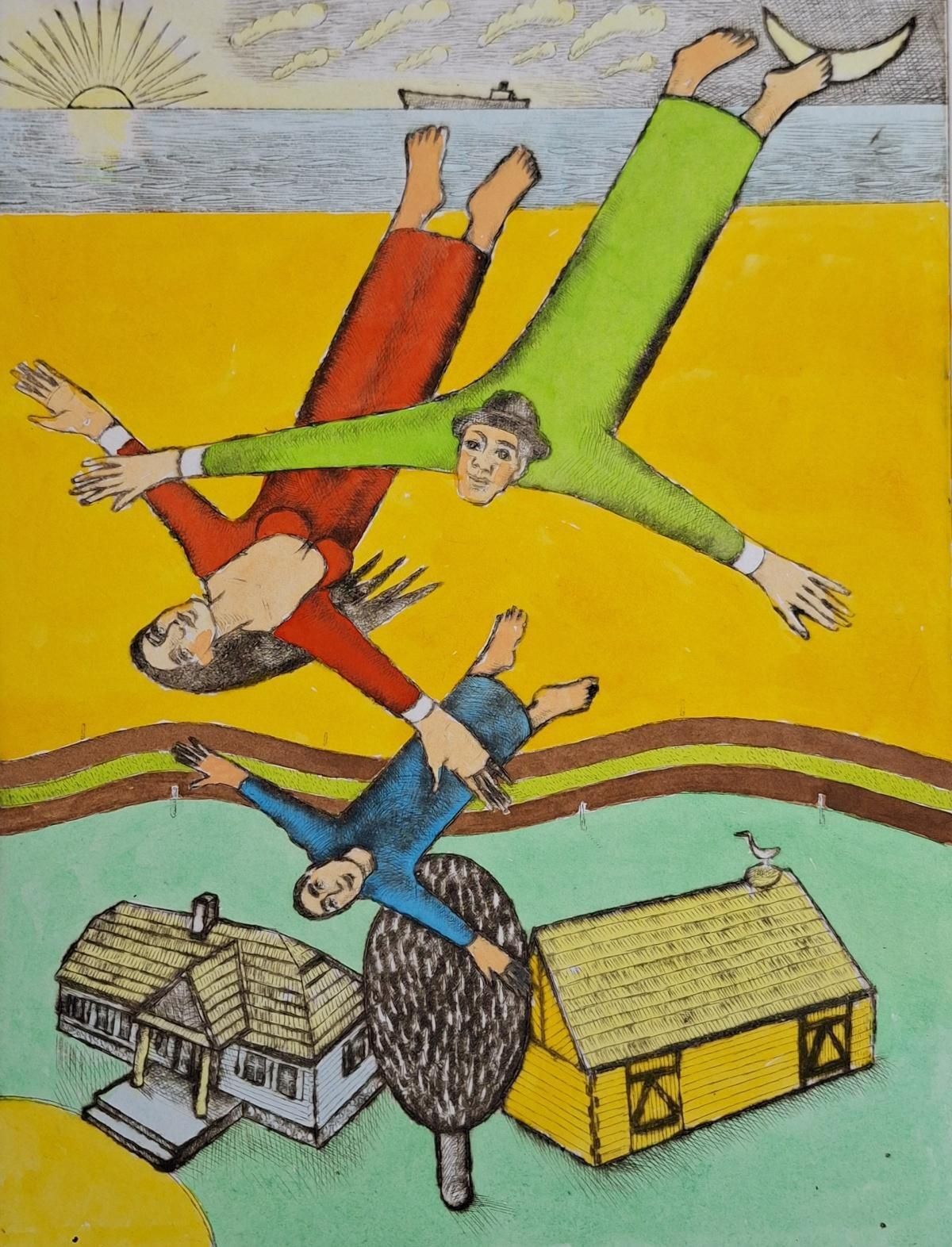 Czeslaw Tumielewiczflight Over The Manor House   Figurative Drypoint Print, Colorful, Polish Art2017