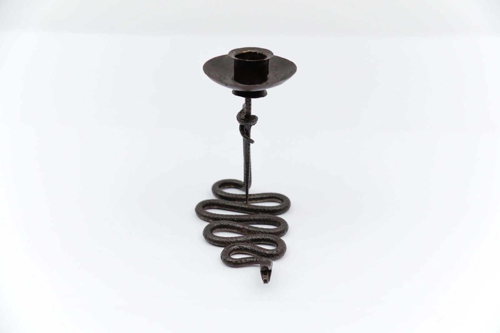 Hand Forged Iron Sanke Design Sculpture Candle Holder, 1960s photo vintage