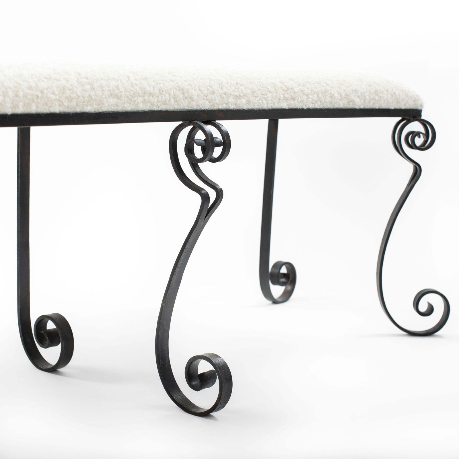 8063.0 Forged Iron Rousing Art Déco Bench With Offwhite Bouclé Fabric Portugal 1920s photo