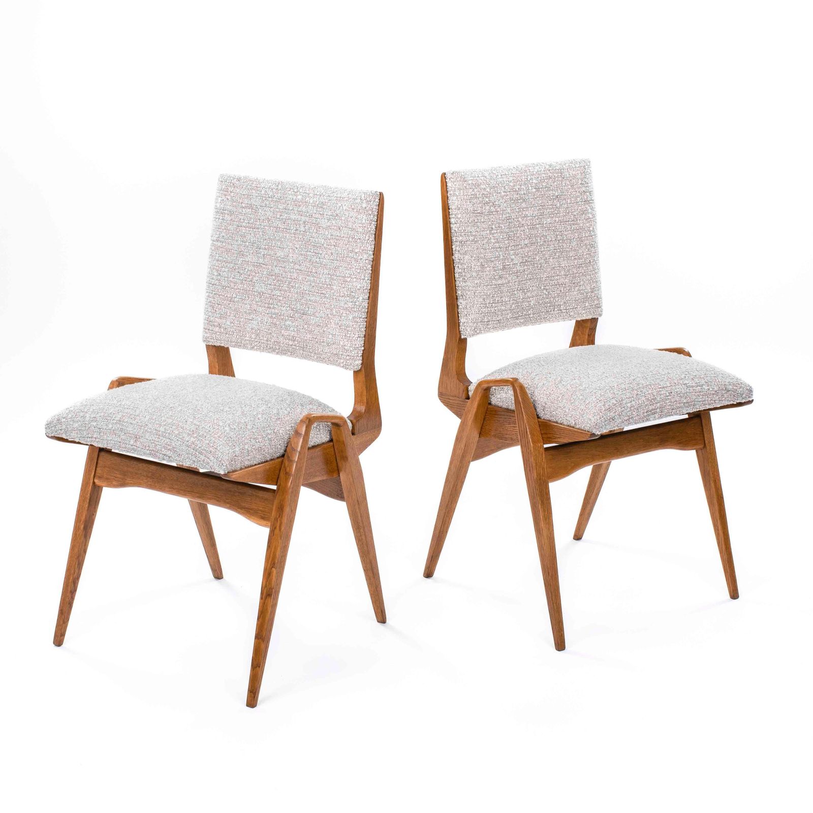 photo for sale Pair Of French Mid Century Chairs In Oak With Bouclé Fabric By Maurice Pré 1950s