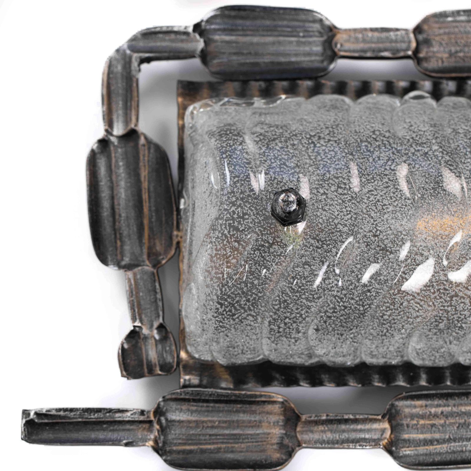 photo for sale Pair Of Belgium Mid Century Brutalist Iron   Murano Glass Wall Lights, 1960s