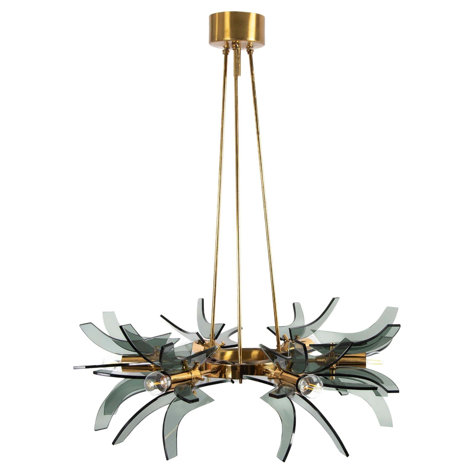 Italian Mid Century Geometric Brass Green Glass Chandelier By Gino Paroldo 1960s