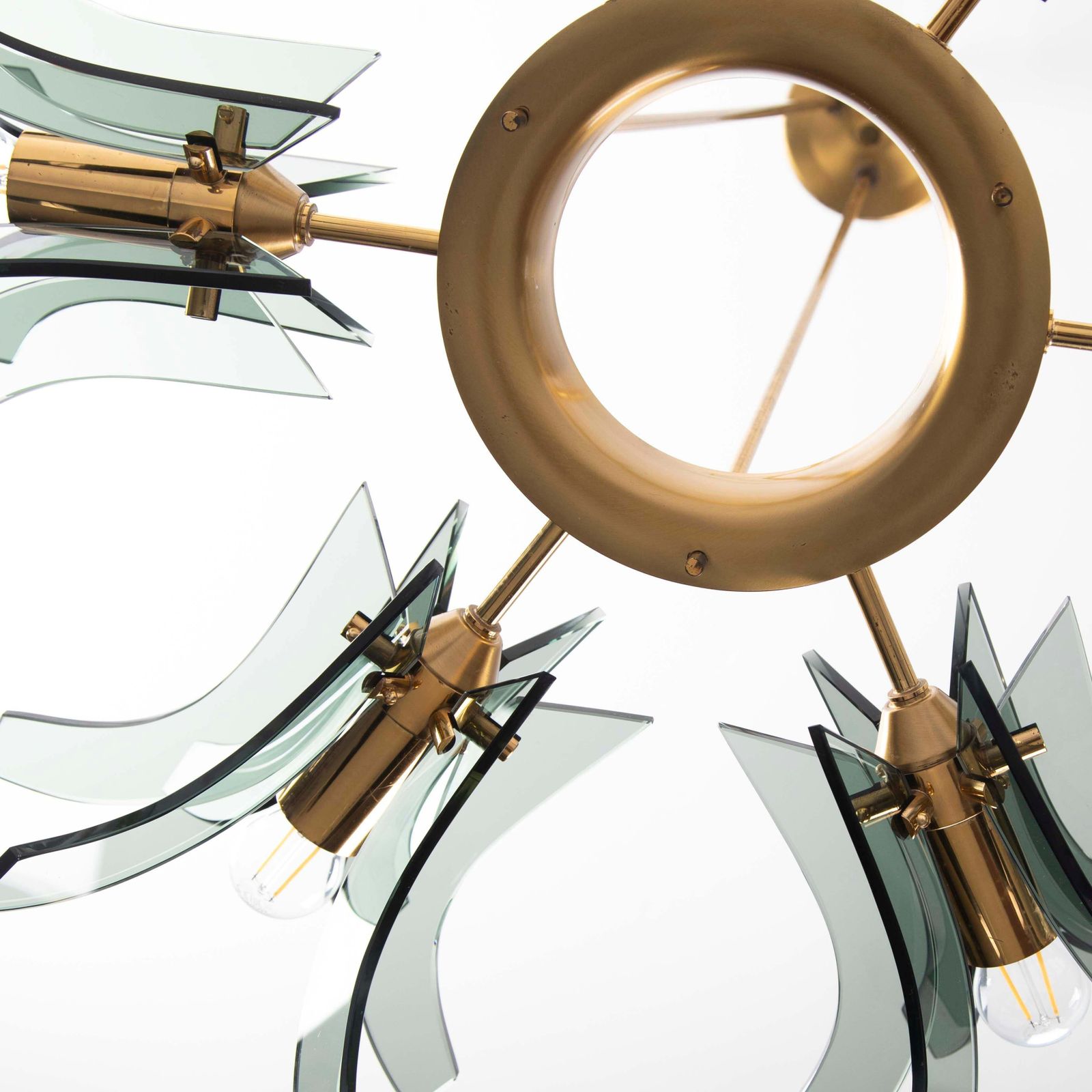 Italian Mid Century Geometric Brass Green Glass Chandelier By Gino Paroldo 1960s photo Lighting