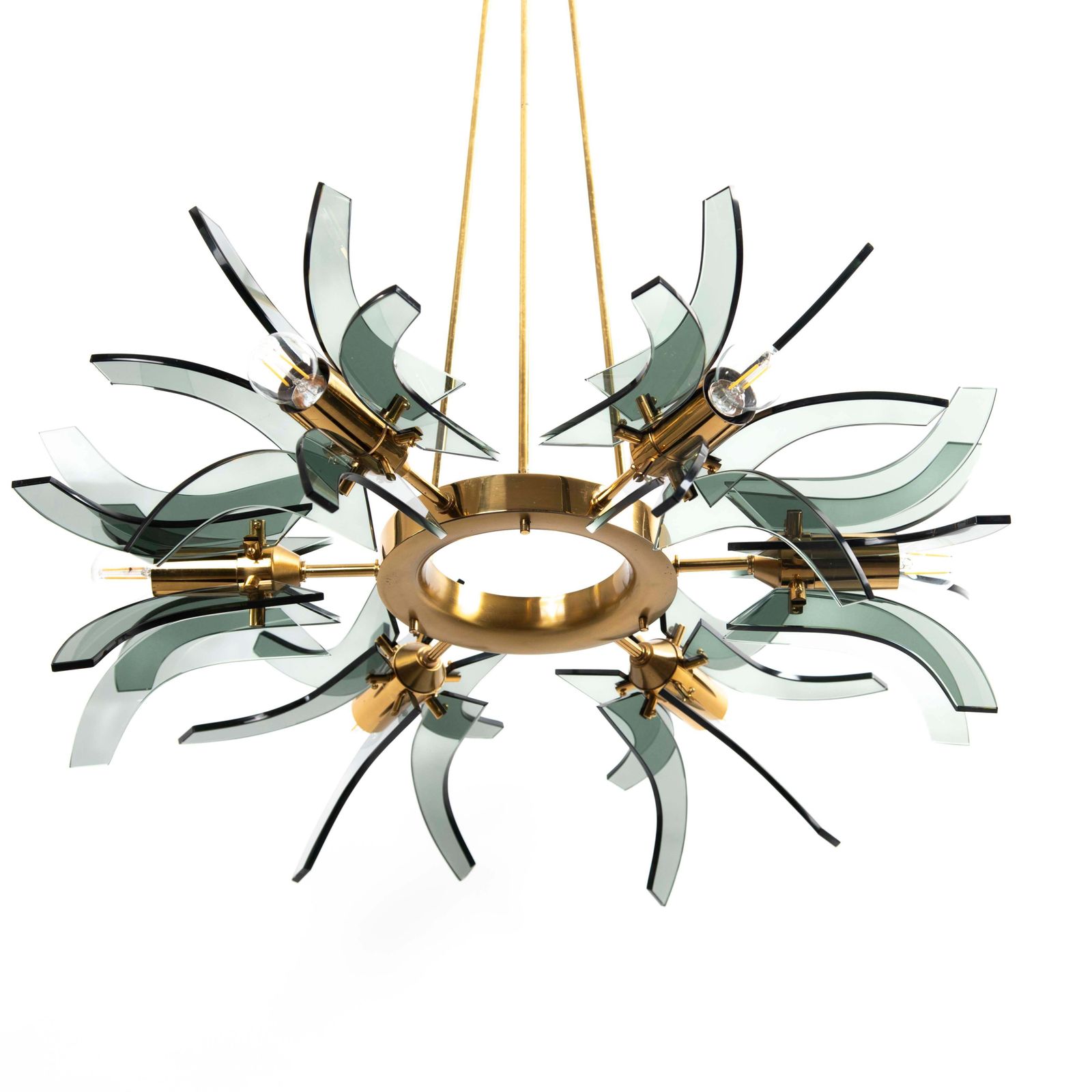 Italian Mid Century Geometric Brass Green Glass Chandelier By Gino Paroldo 1960s photo vinterior