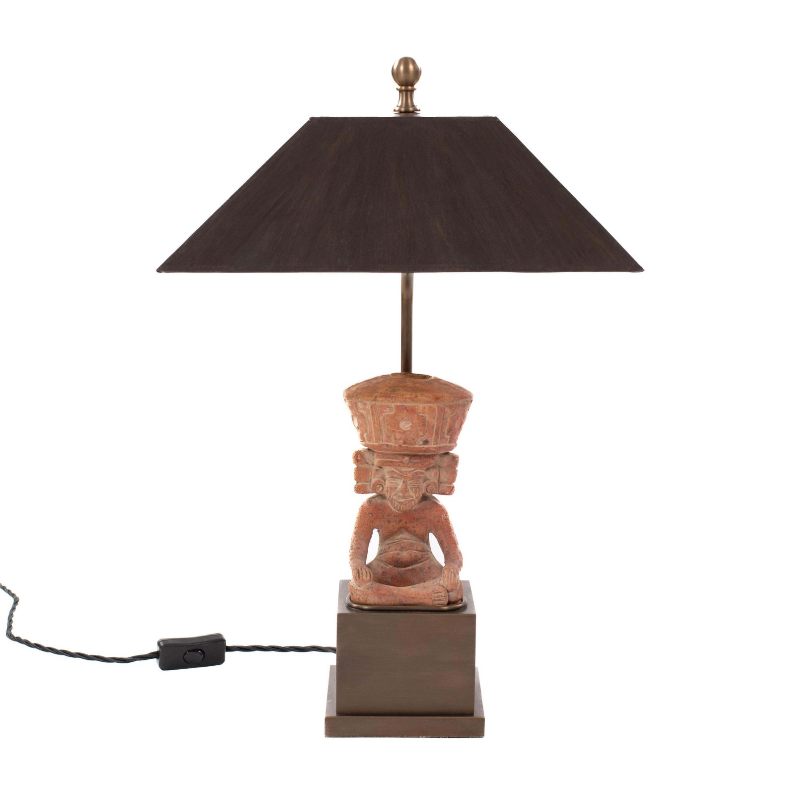 Figural Terracotta Table Lamp Of A Sitting Priest With Brown Shade, Mexico 1930s photo for sale