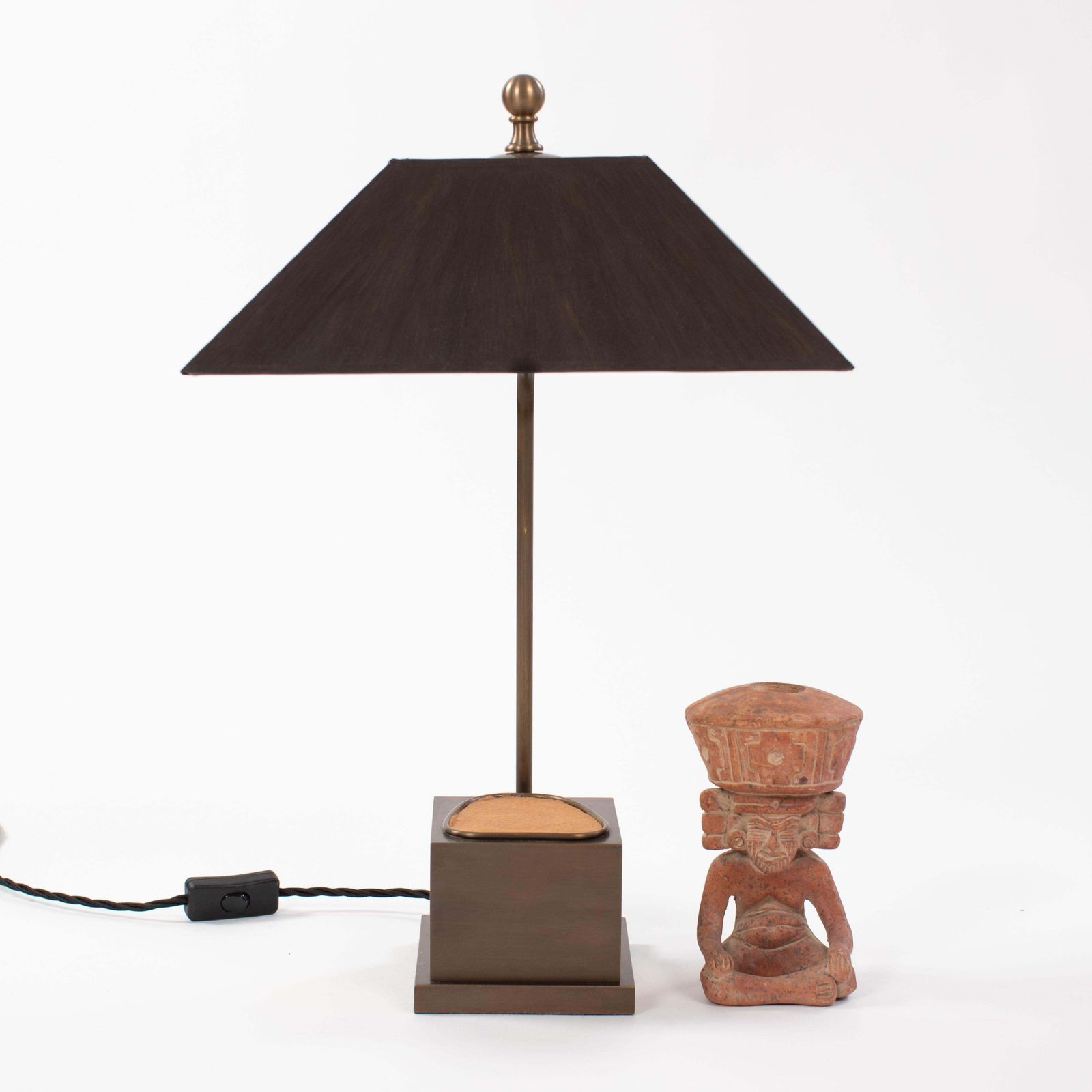 Figural Terracotta Table Lamp Of A Sitting Priest With Brown Shade, Mexico 1930s photo Lighting