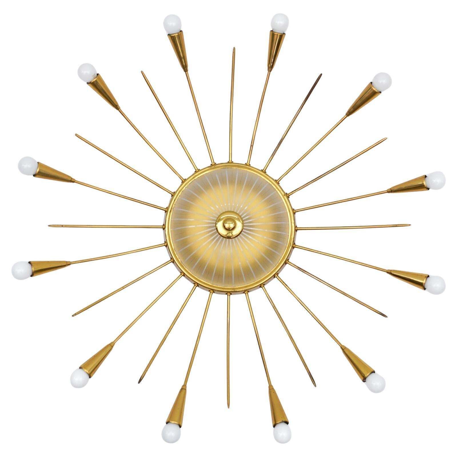 Large Mid Century Modern 12 Arm Brass And Glass Sputnik Lamp, Germany, 1950s