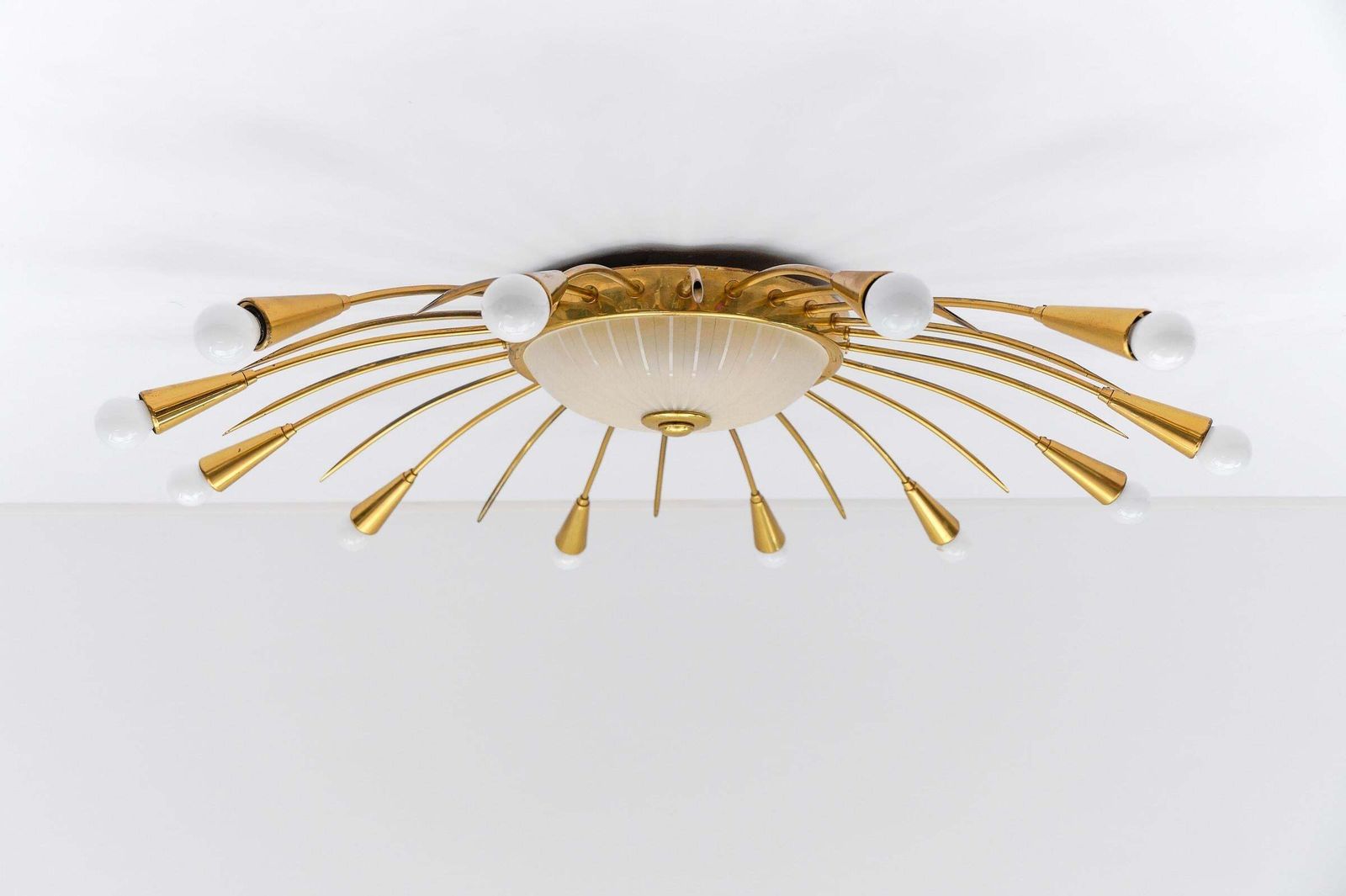 photo for sale Large Mid Century Modern 12 Arm Brass And Glass Sputnik Lamp, Germany, 1950s