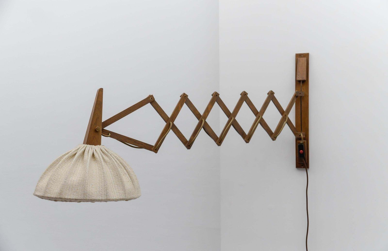 Scandinavian Scissor Wall Lamp In Wood And Fabric, 1960s photo vintage