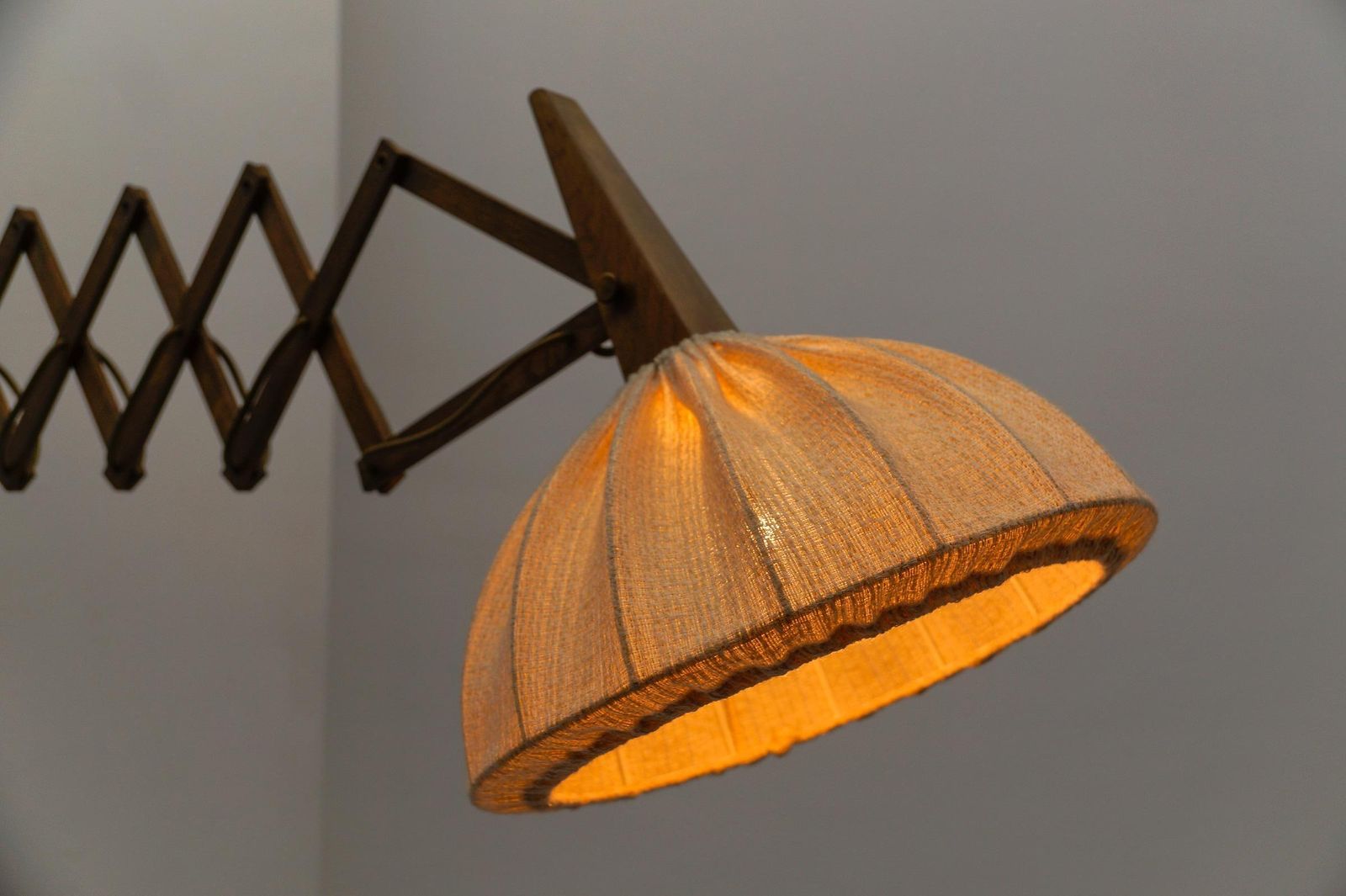 photo for sale Scandinavian Scissor Wall Lamp In Wood And Fabric, 1960s