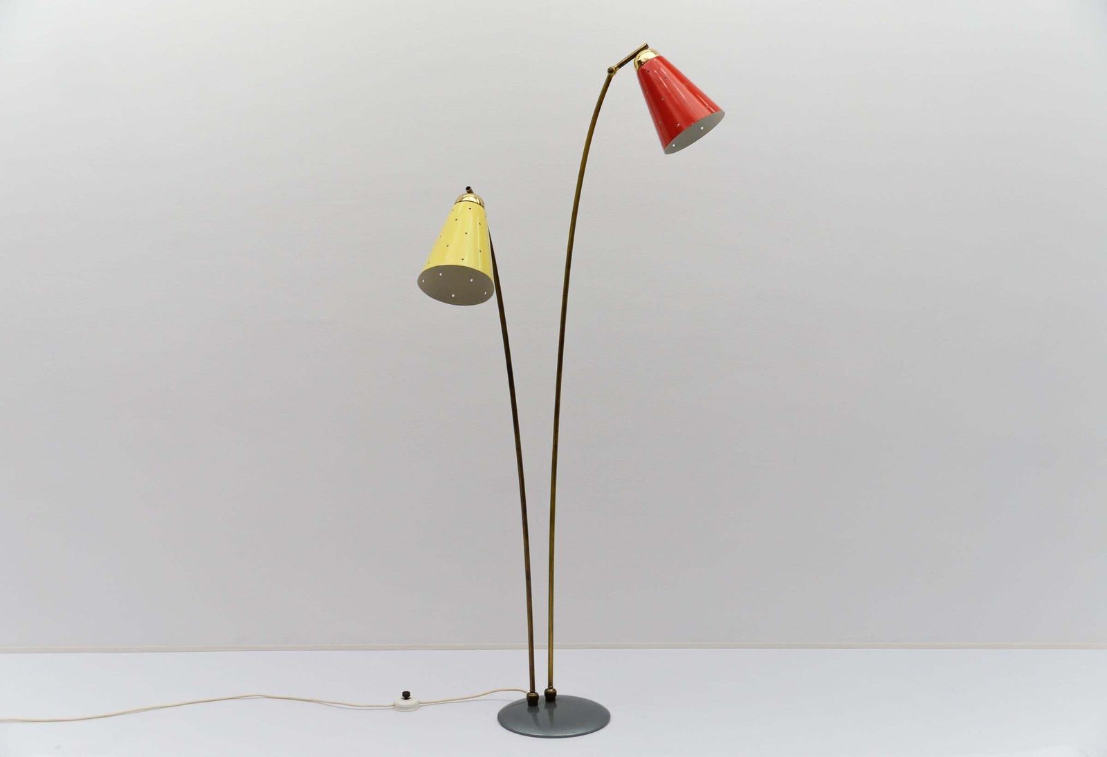 Awesome Double Mid Century Modern Brass & Perforated Metal Floor Lamp, 1950s photo for sale