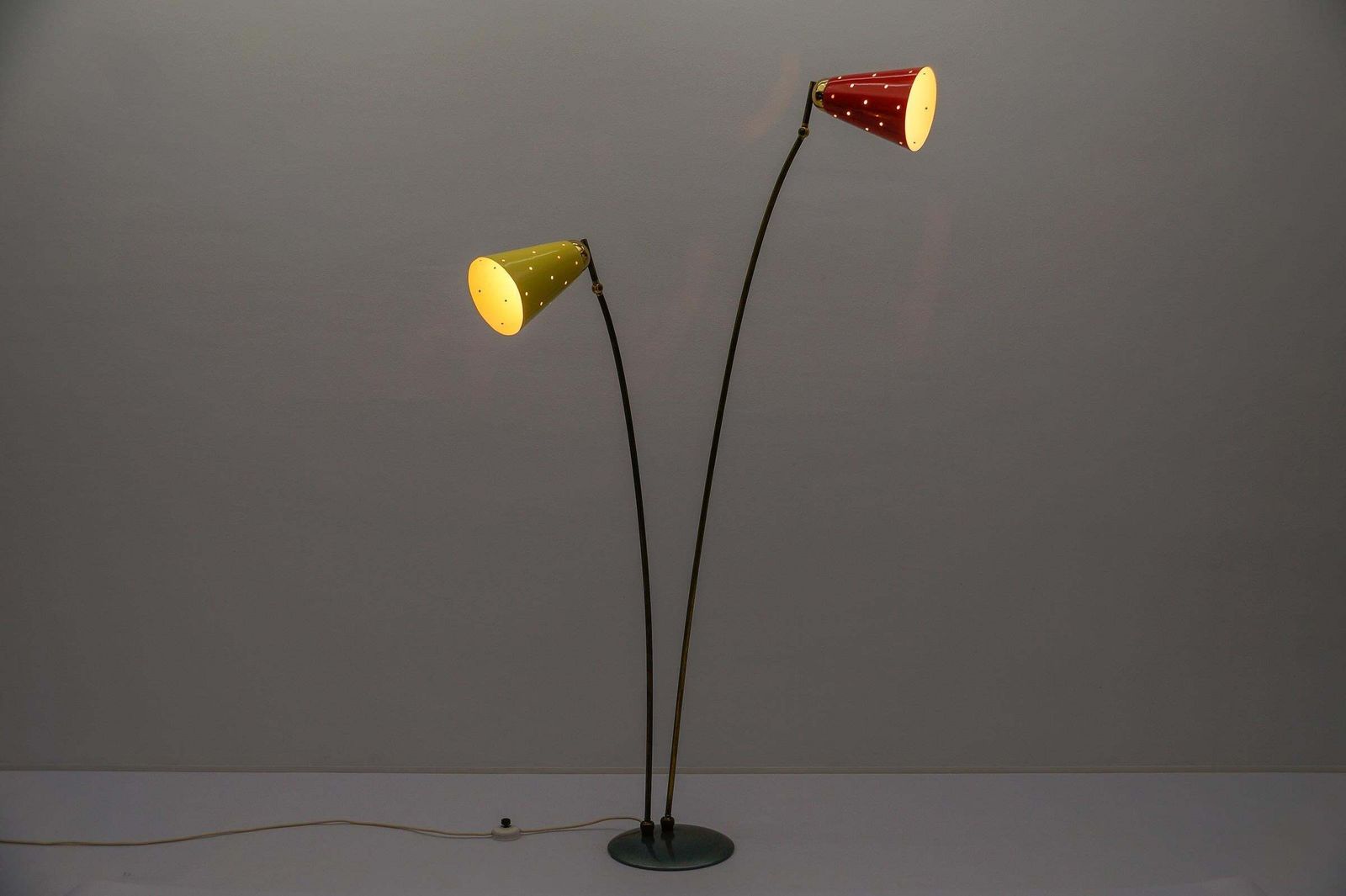 Awesome Double Mid Century Modern Brass & Perforated Metal Floor Lamp, 1950s photo Lighting