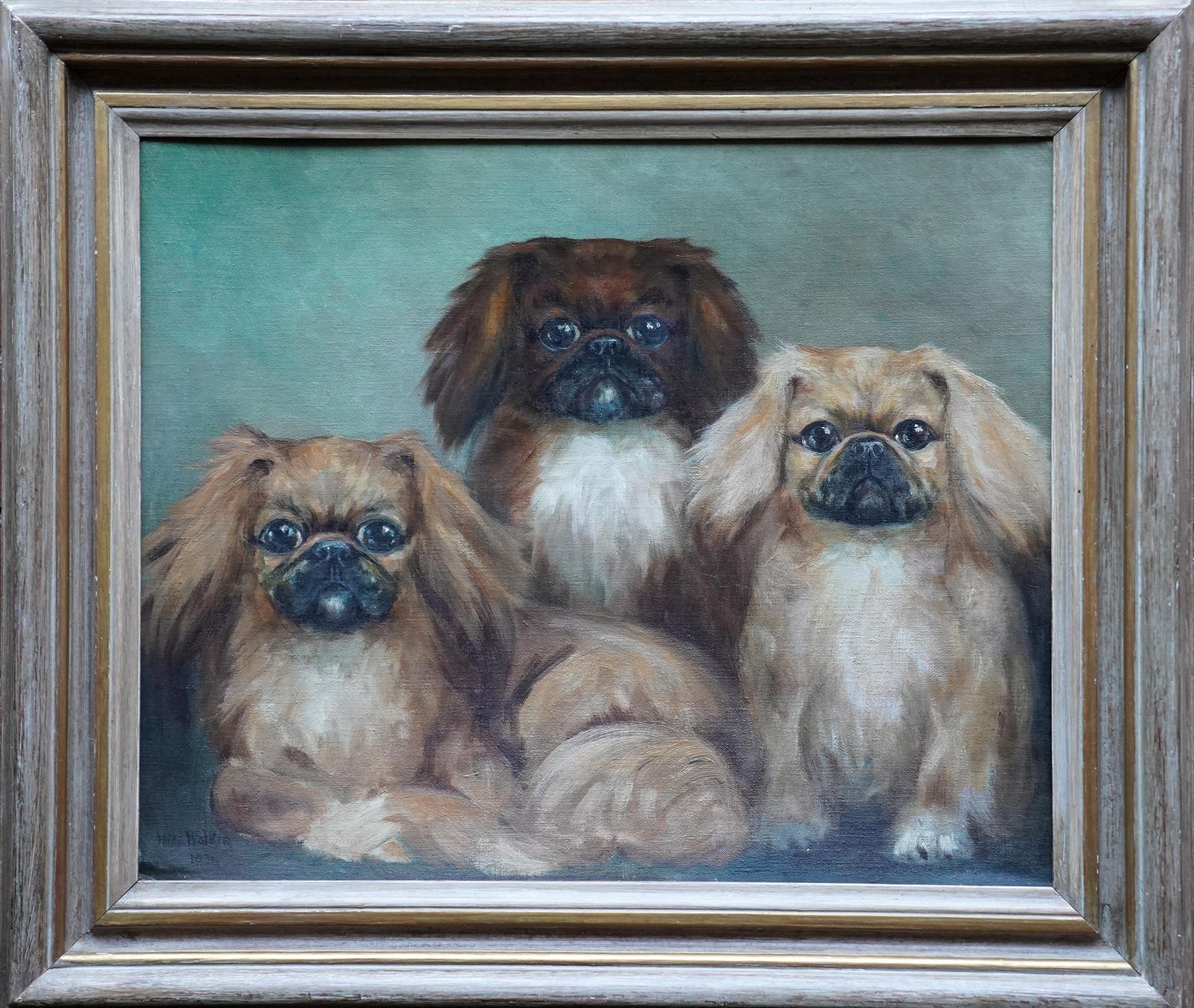 Hilda Annetta Walkerportrait Of Three Pedigree Pekingese Dogs   British 1930's Art Oil Painting1934