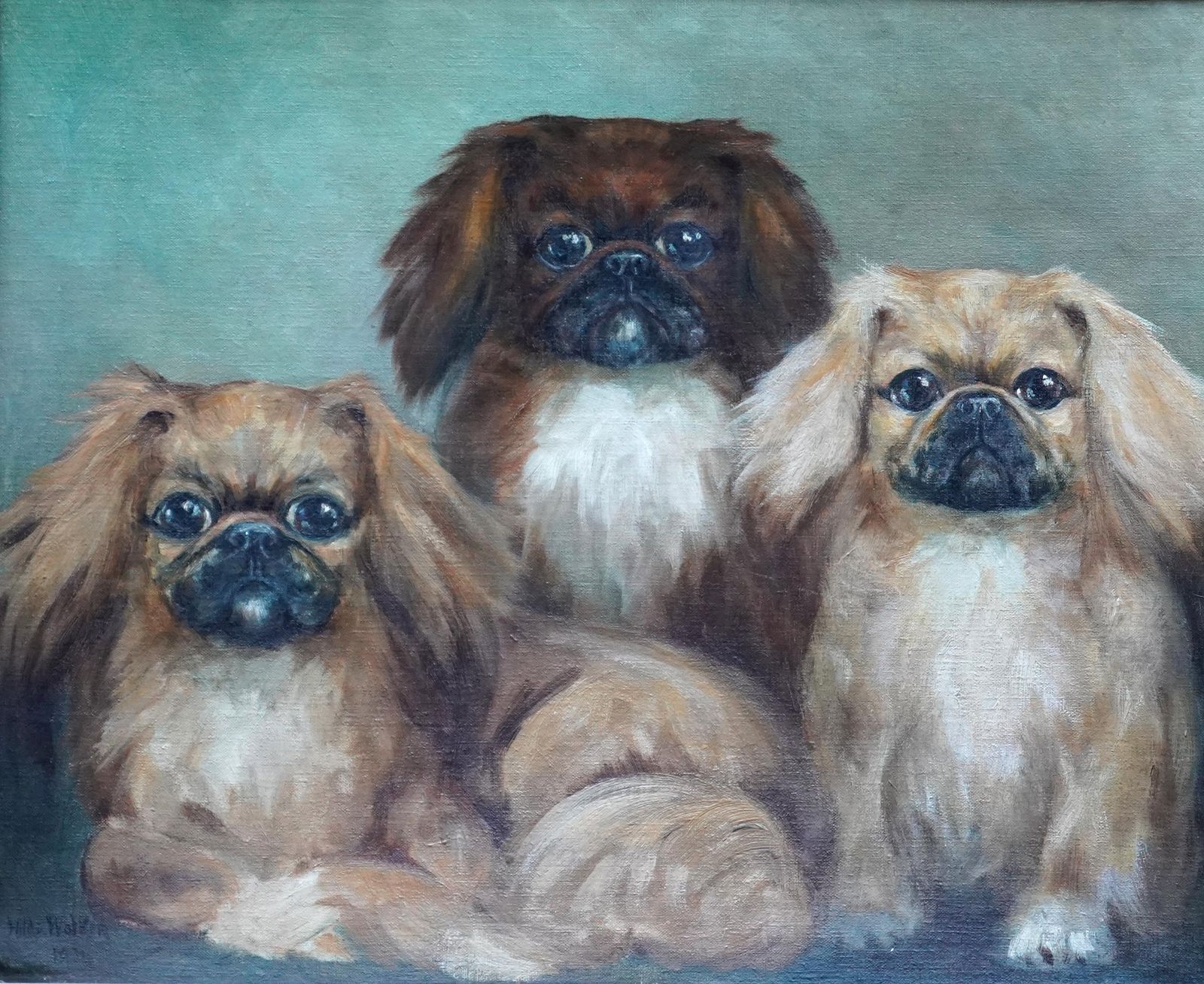 photo furniture Hilda Annetta Walkerportrait Of Three Pedigree Pekingese Dogs   British 1930's Art Oil Painting1934