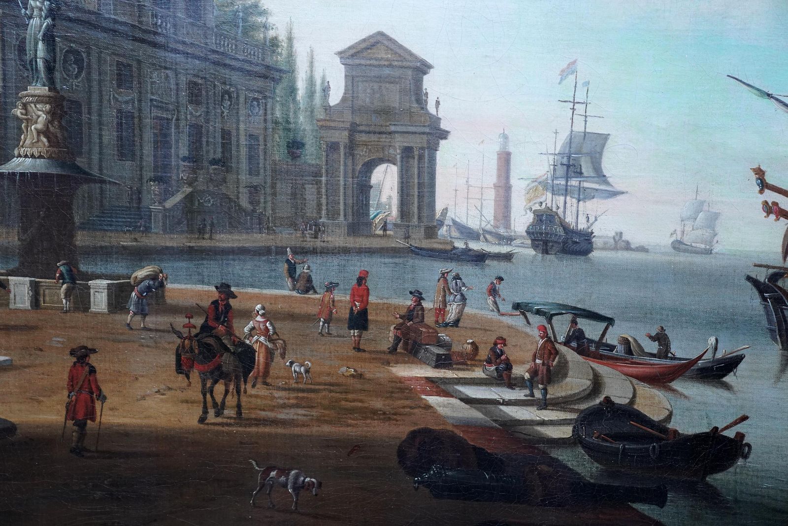 Italian Harbour With Figures On Quay   Italian 18thc Art Marine Oil Paintingcirca 1700 photo for sale