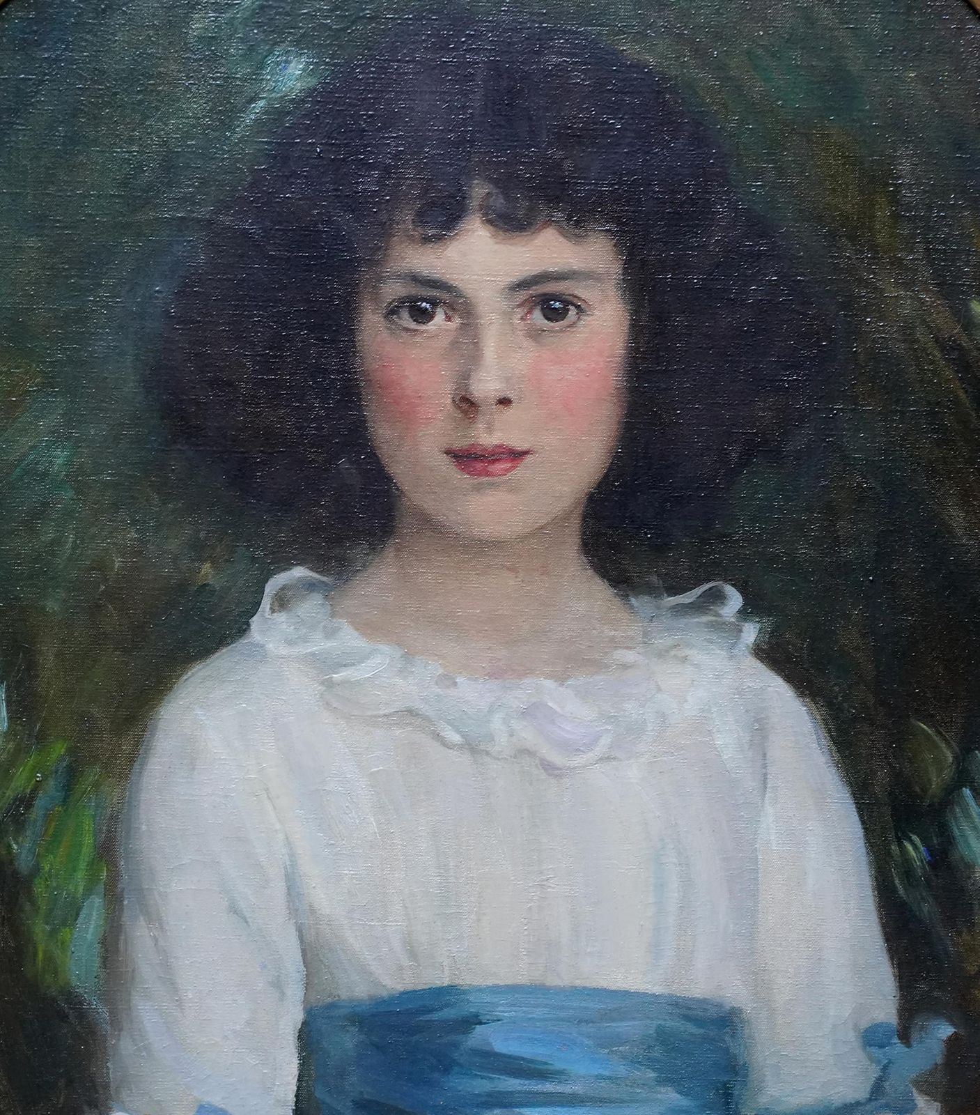 George Harcourtoval Portrait Of Girl With Blue Sash And Cuffs   Scottish Edwardian Oil Paintingcirca 1910 photo Art