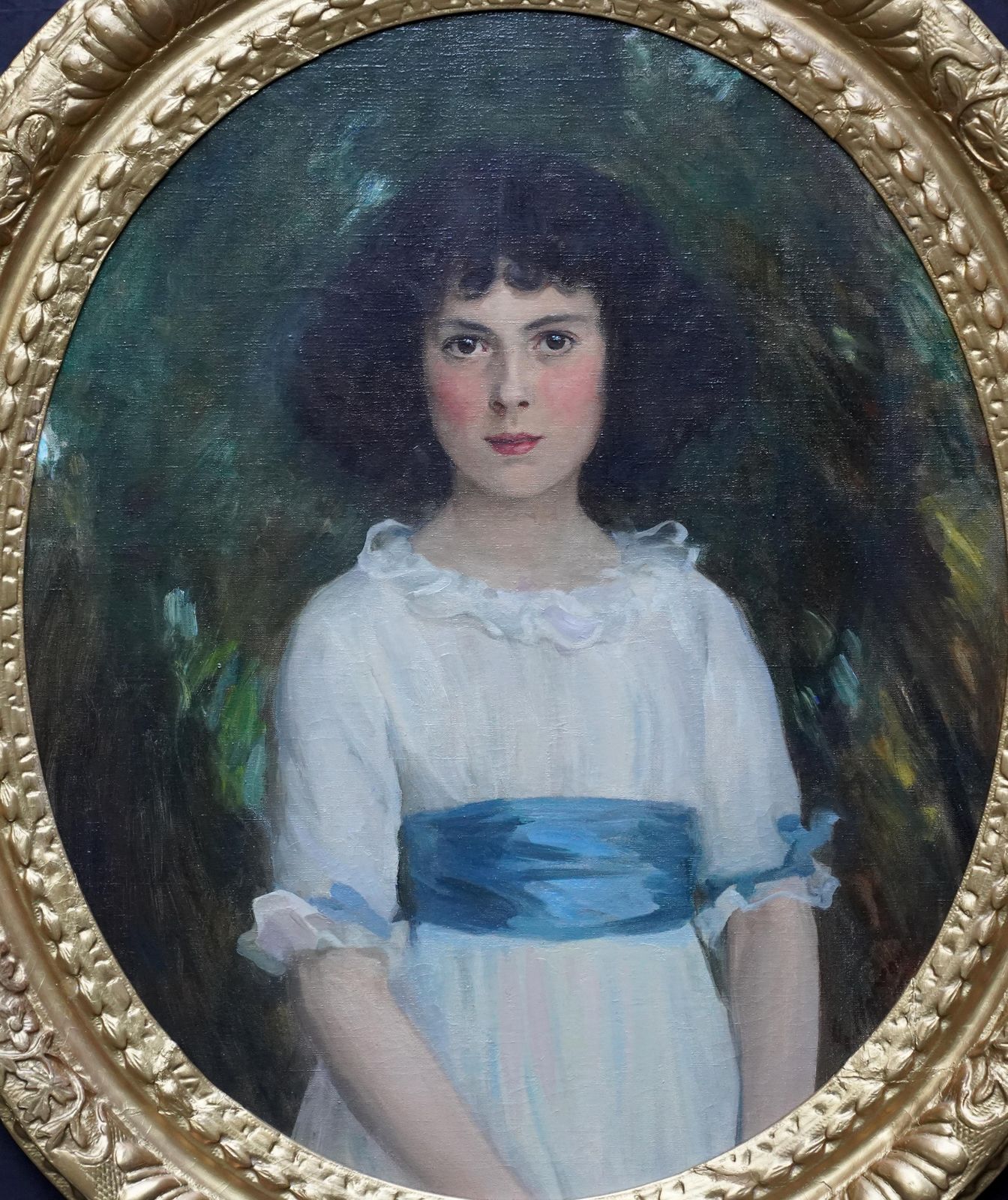 photo for sale George Harcourtoval Portrait Of Girl With Blue Sash And Cuffs   Scottish Edwardian Oil Paintingcirca 1910