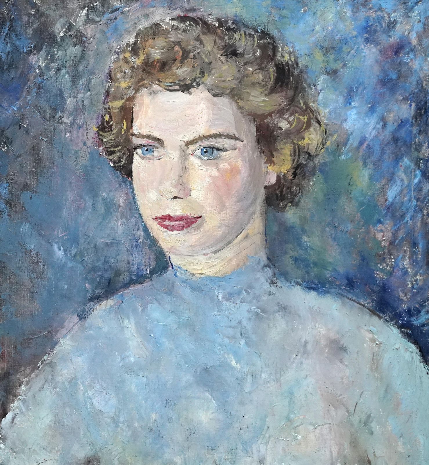 Pauline Glassportrait Of A Lady In Blue   British Post Impressionist 50's Art Oil Paintingcirca 1950 photo for sale