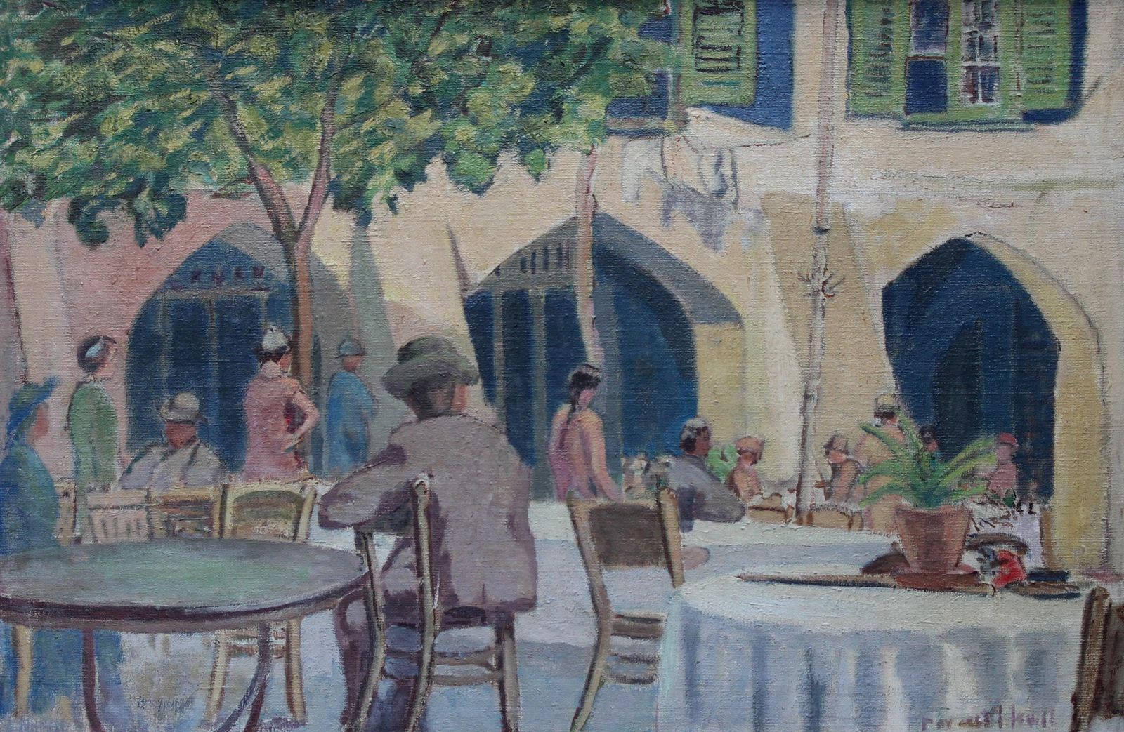 Forest Hewitcafe Porto Fino   British Thirties Post Impressionist Art Oil Paintingcirca 1930 photo furniture