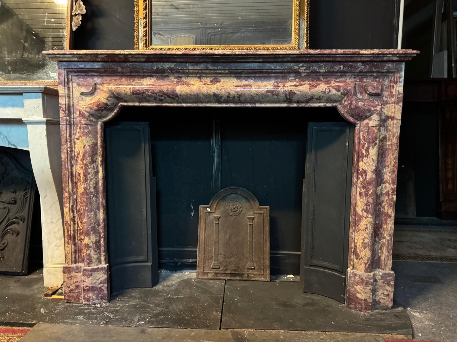 Elegant Antique Mantle Fireplace In Polychrome Marble Peach Blossom, Italy photo for sale